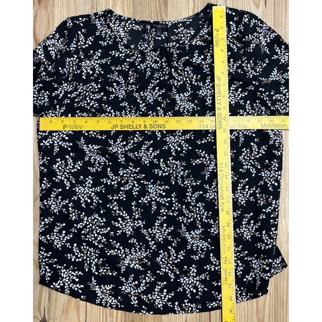 Talbots Keyhole Flowy Tunic Top Women's LP Petite Black Tan Floral Long Sleeve