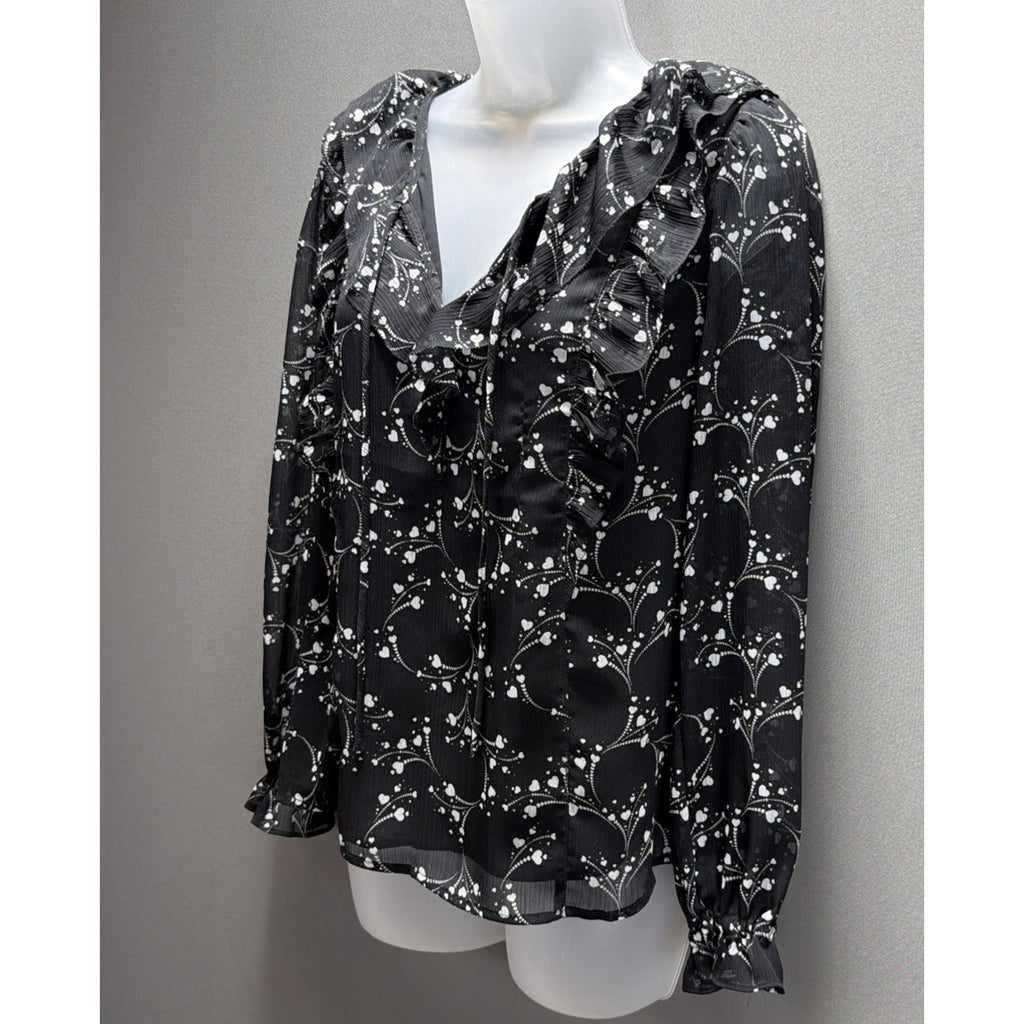 Ann Taylor Loft Blouse Womens Small Lined Long Sleeve Black Floral Ruffle BOHO