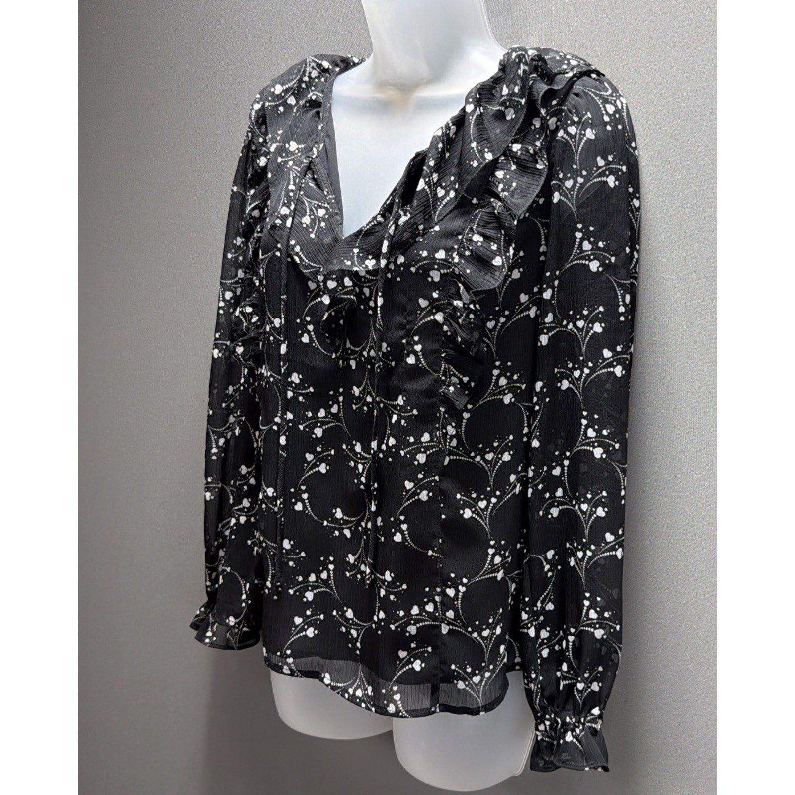 Ann Taylor Loft Blouse Womens Small Lined Long Sleeve Black Floral Ruffle BOHO
