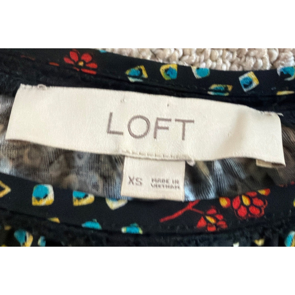 LOFT Black Red Blue Floral Long Sleeve Elastic Wrist Blouse Top Sz XS