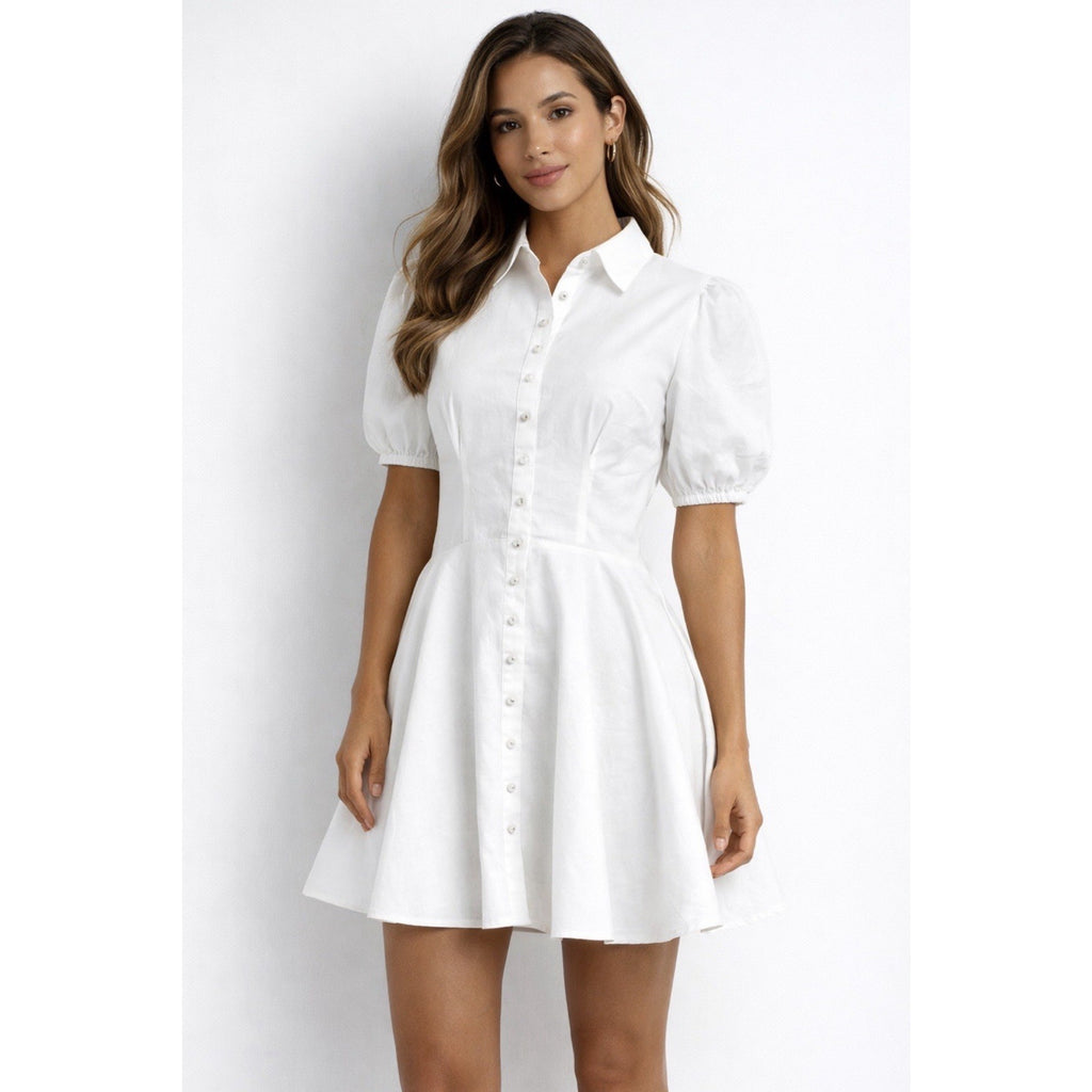 Missguided Women's Sz 4 L. Sleeve Skater Skirt White Pearl Button Up Mini Dress
