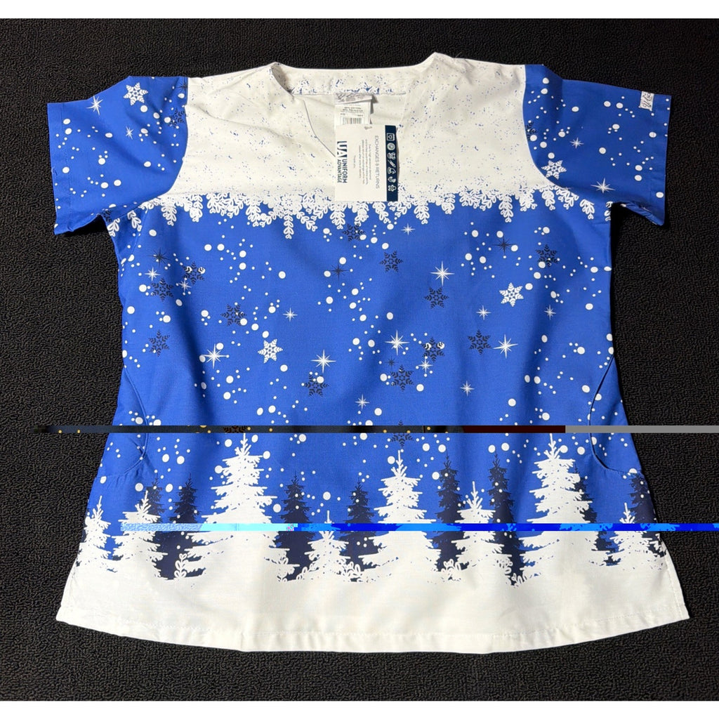 UA Scrubs Uniform Advantage Winter Snow Print Nurse Christmas Uniform Top L NWT