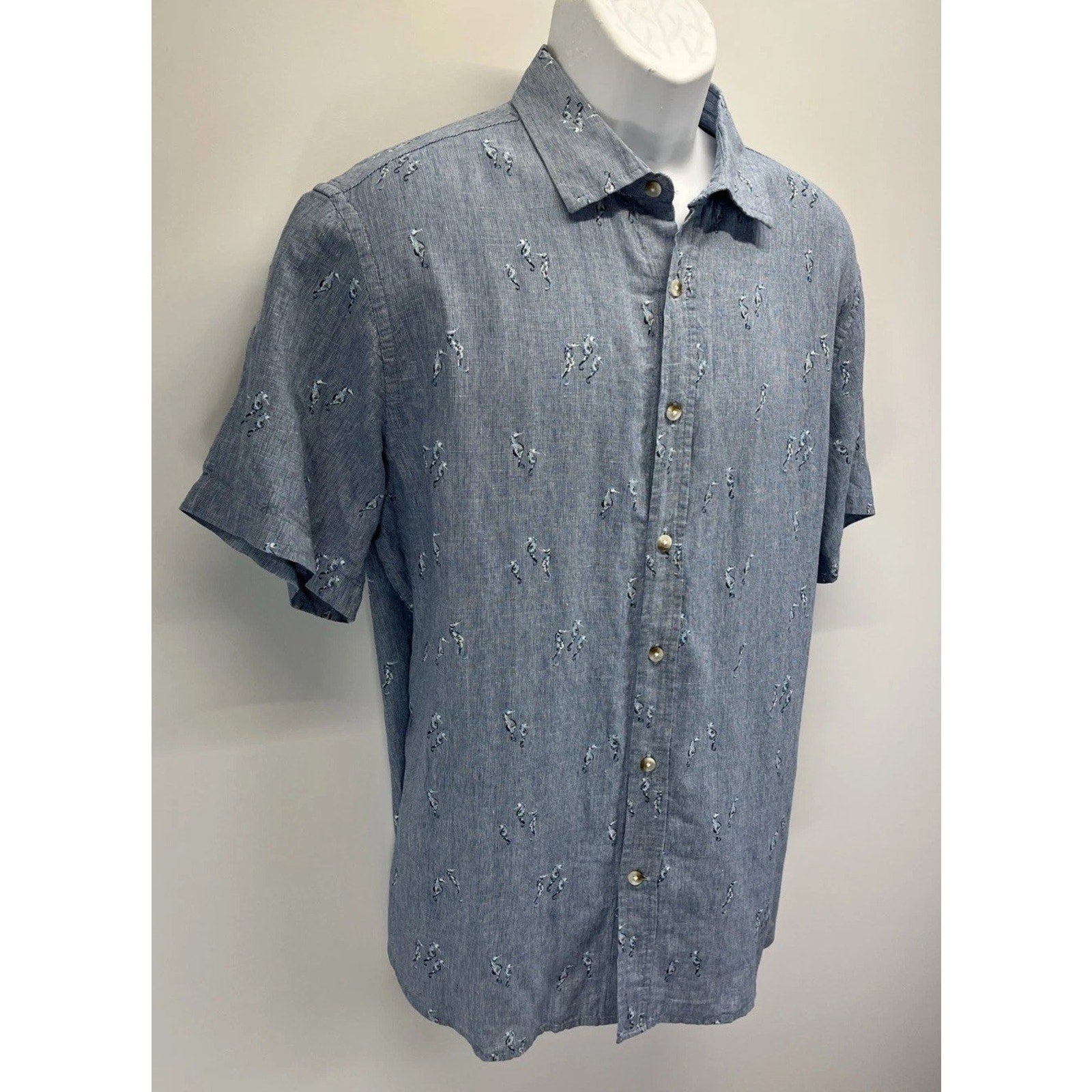 Banana Republic Shirt Mens L Linen Embroidered Seahorses Print Slim Fit