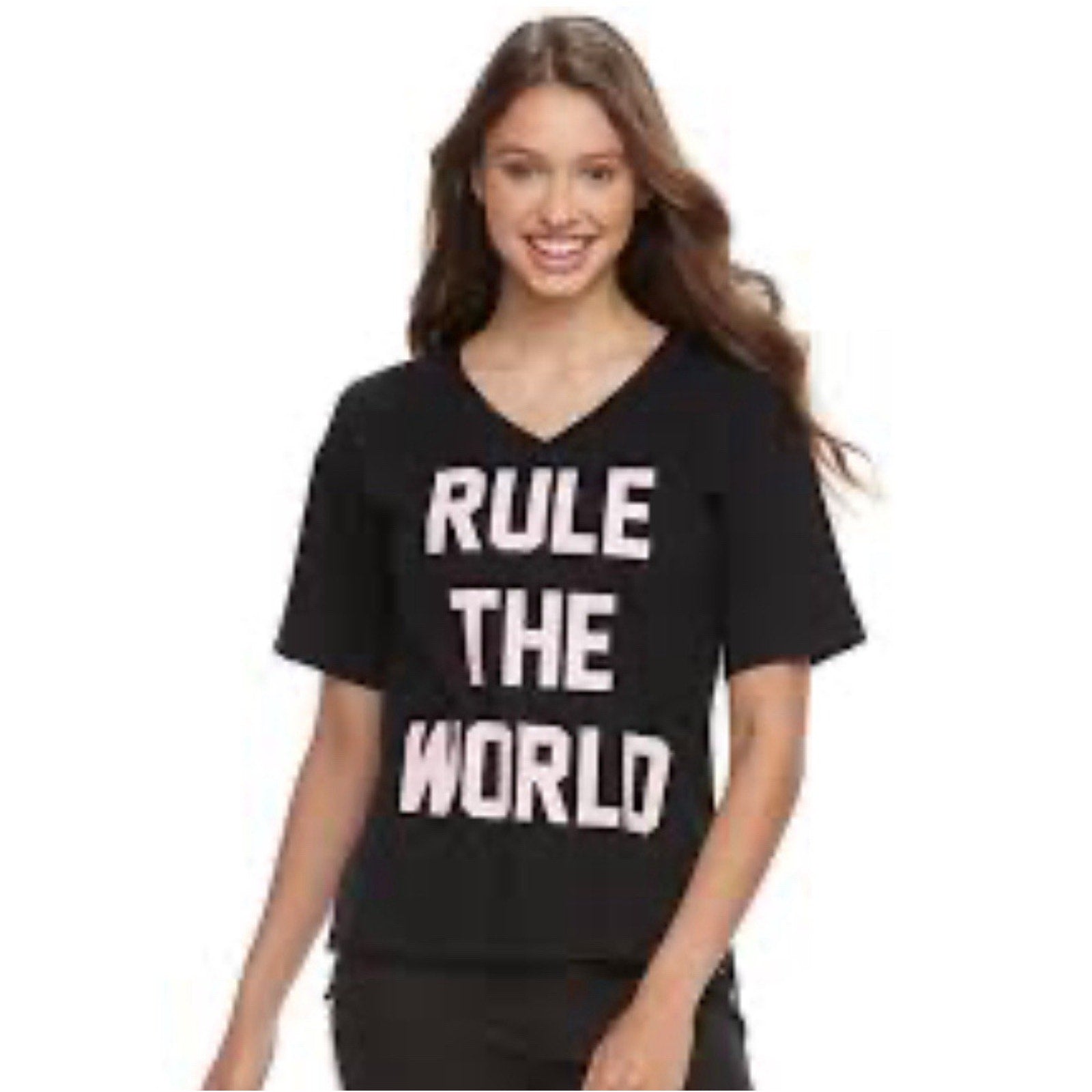 SO Women’s Large Black V-Neck “Rule The World” Pink Letters T-Shirt
