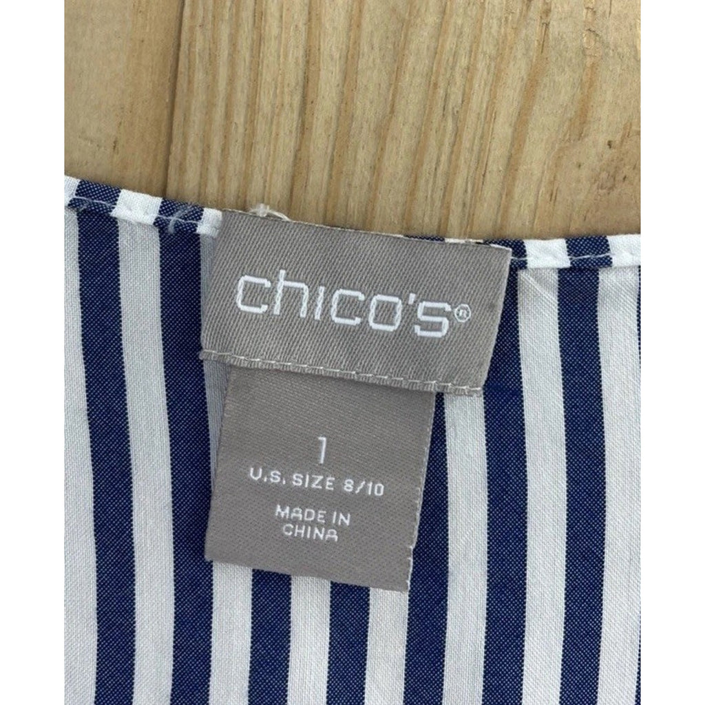 Chicos Womens sz 1 US M Top Blue White Striped V Neck Blouse