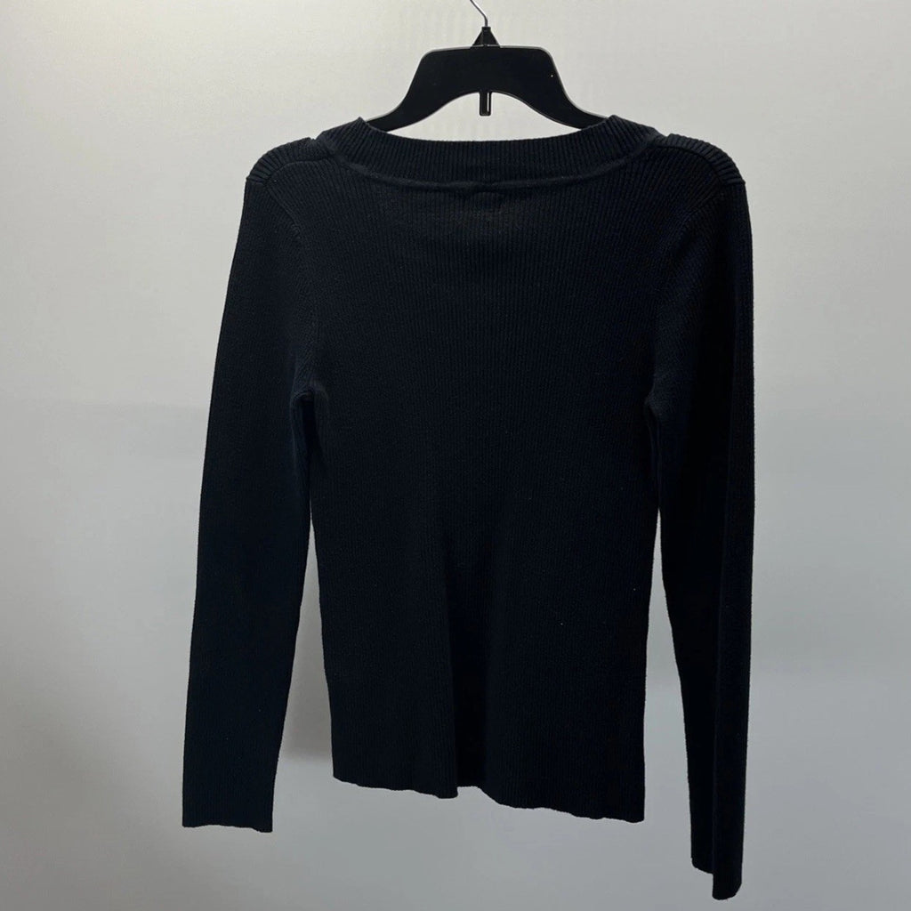 APT 9 SZ L Cotton/Nylon Black Ribbed U-Neck Sweater Thin Pullover