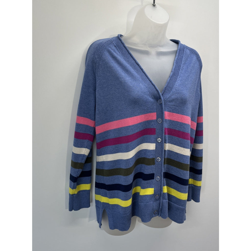 Talbots Girlfriend Cardigan Colorful Stripe Women’s M Petite Periwinkle Blue