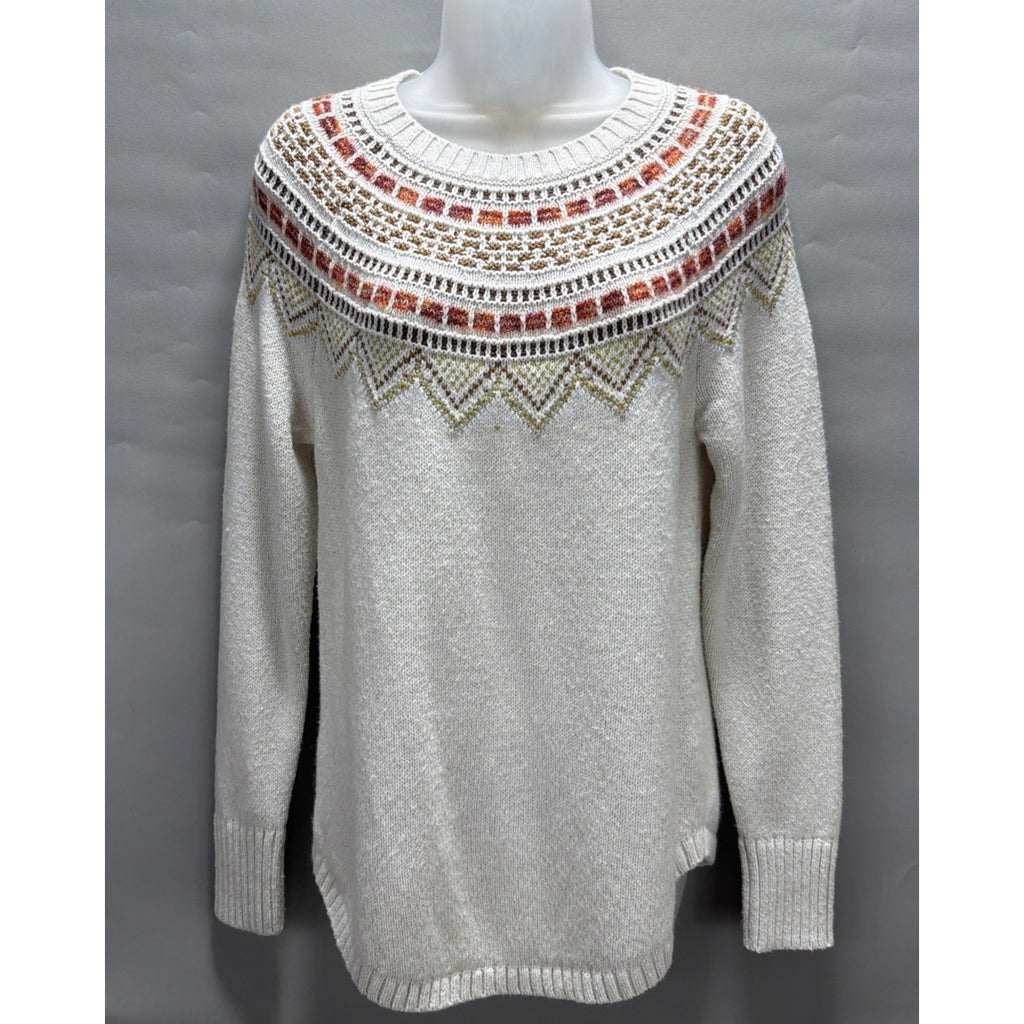 Loft Sweater Womens M Cream Metallic Fair Isle Nordic Cotton Wool Blend Pullover