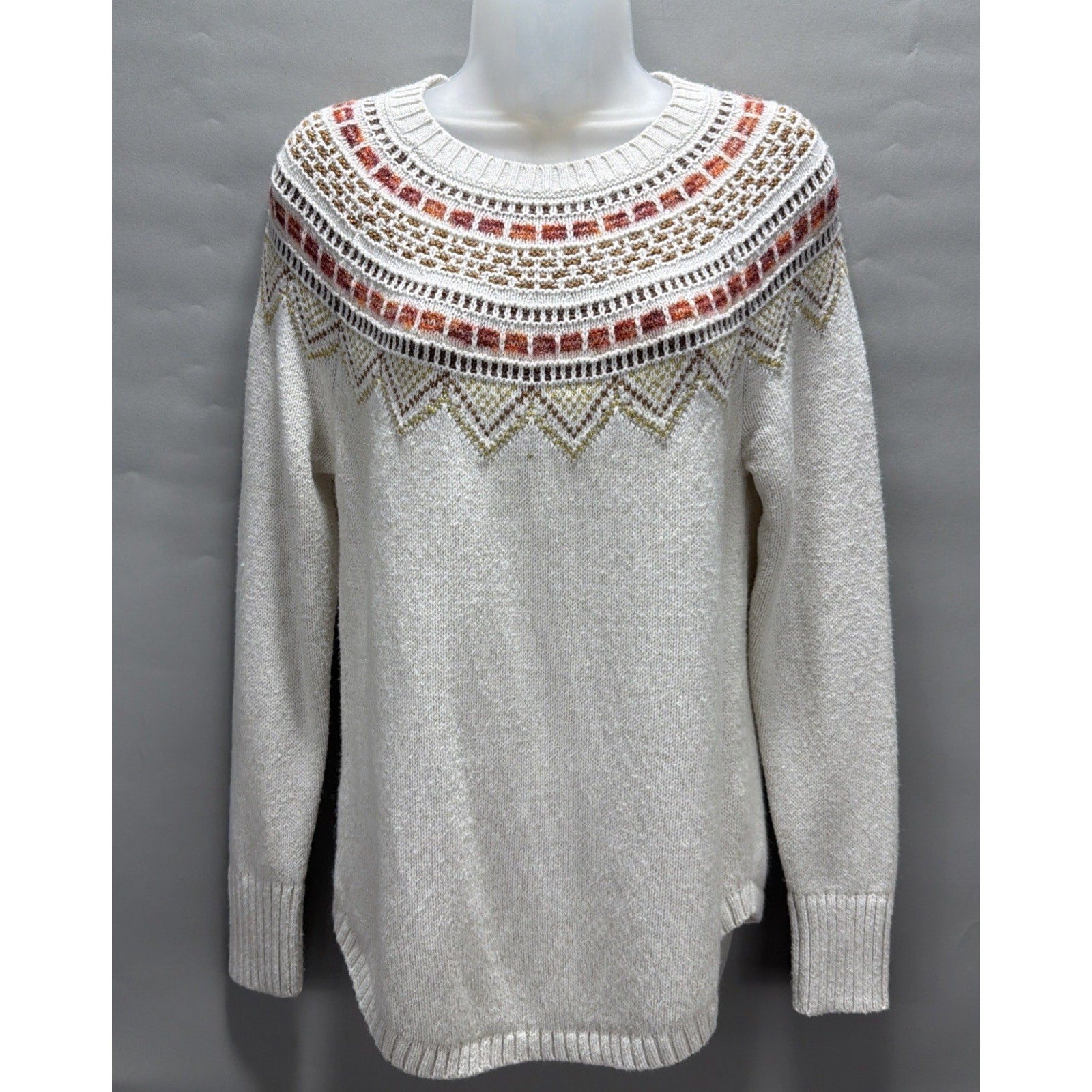 Loft Sweater Womens M Cream Metallic Fair Isle Nordic Cotton Wool Blend Pullover