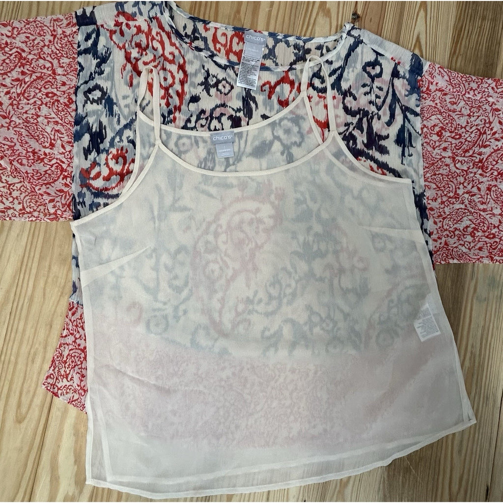 CHICOS Womens Poncho TOP Short Sleeve BLUE Orange Ivory PAISLEY Size 1 (8/10).