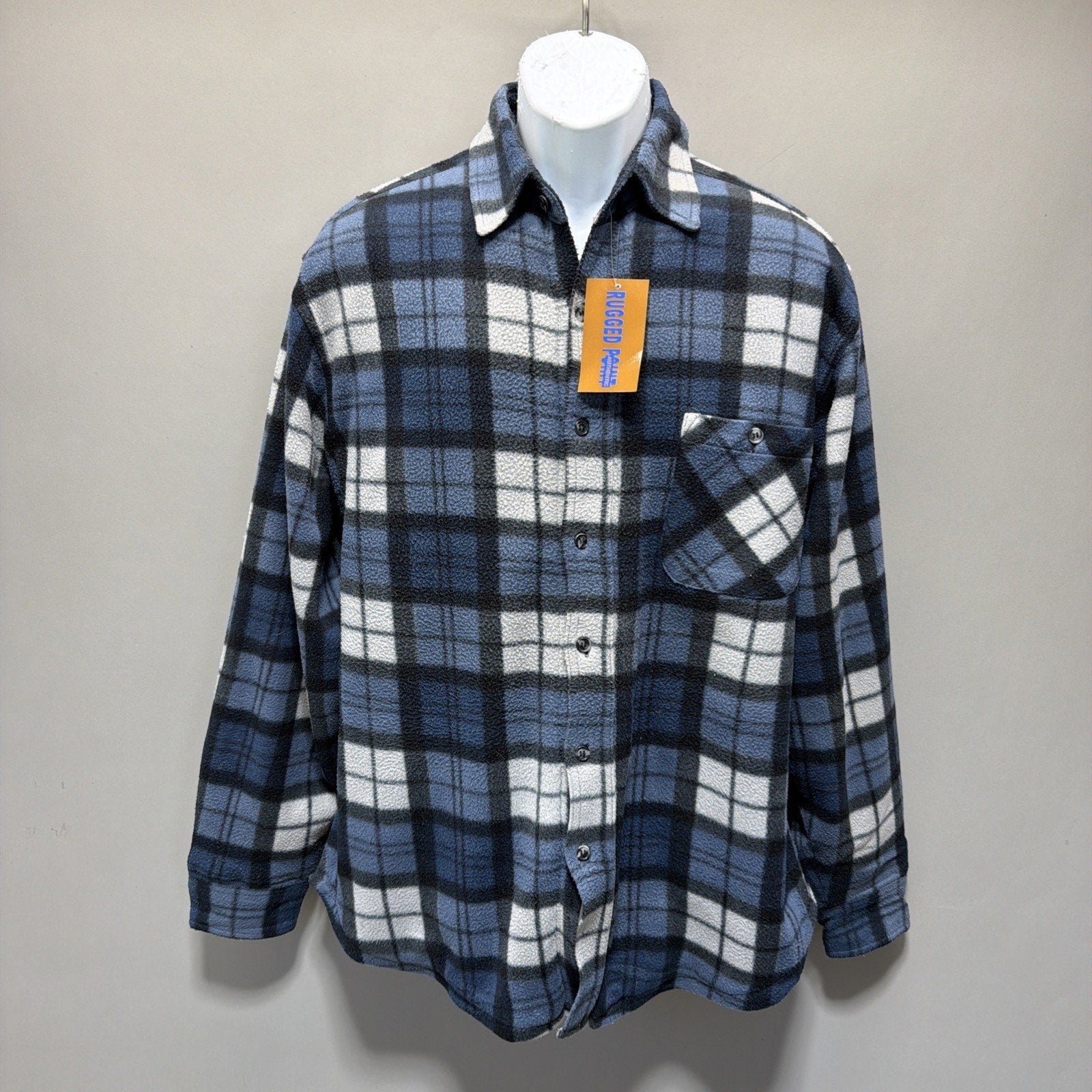 Mens Rugged Point Authentic Blue Plaid Fleece Sherpa Button Up Shacket L NWT