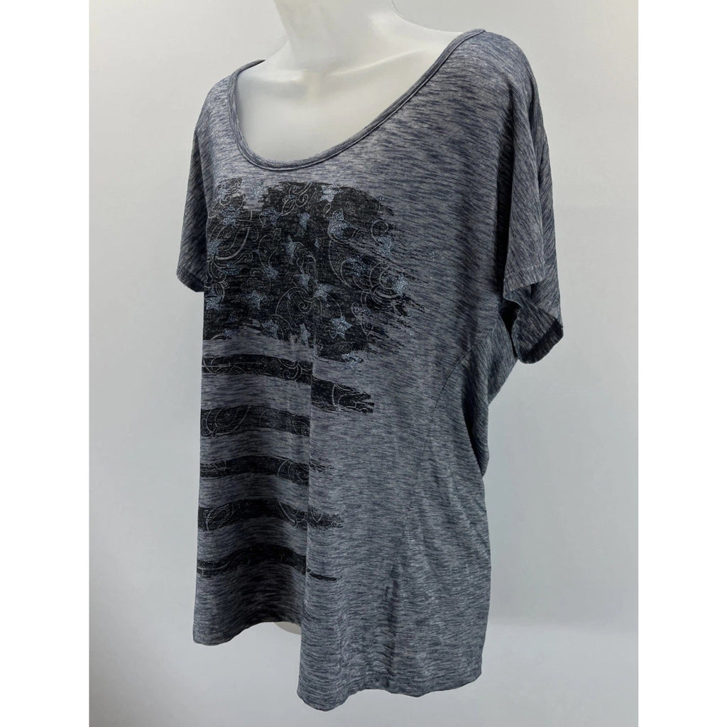 GREEN SOURCE AMERICANA AMERICAN FLAG Heather Blue T-SHIRT WOMEN'S L