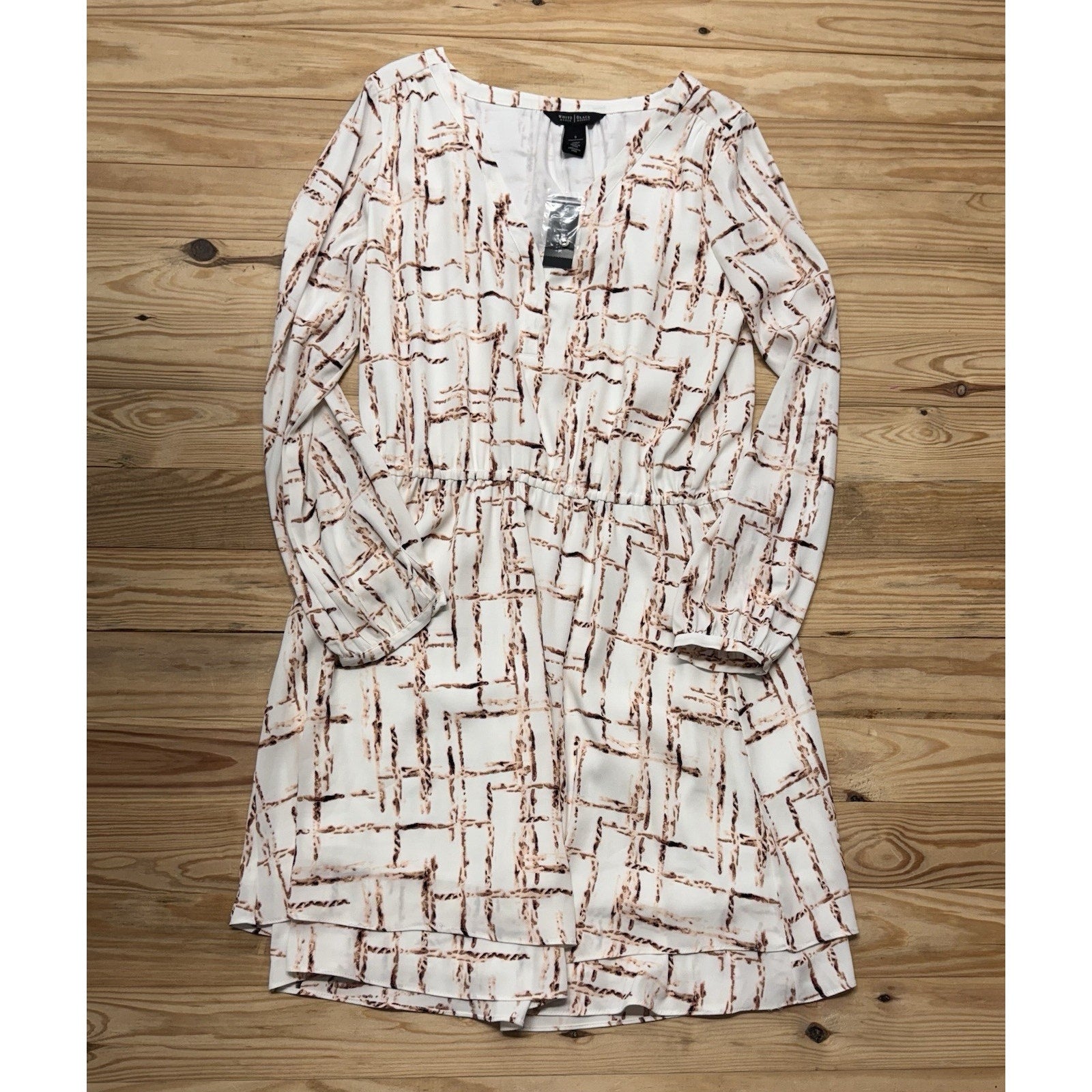 White House Black Market Modern Print Ivory Brown Geometric Dress Women’s Size 8