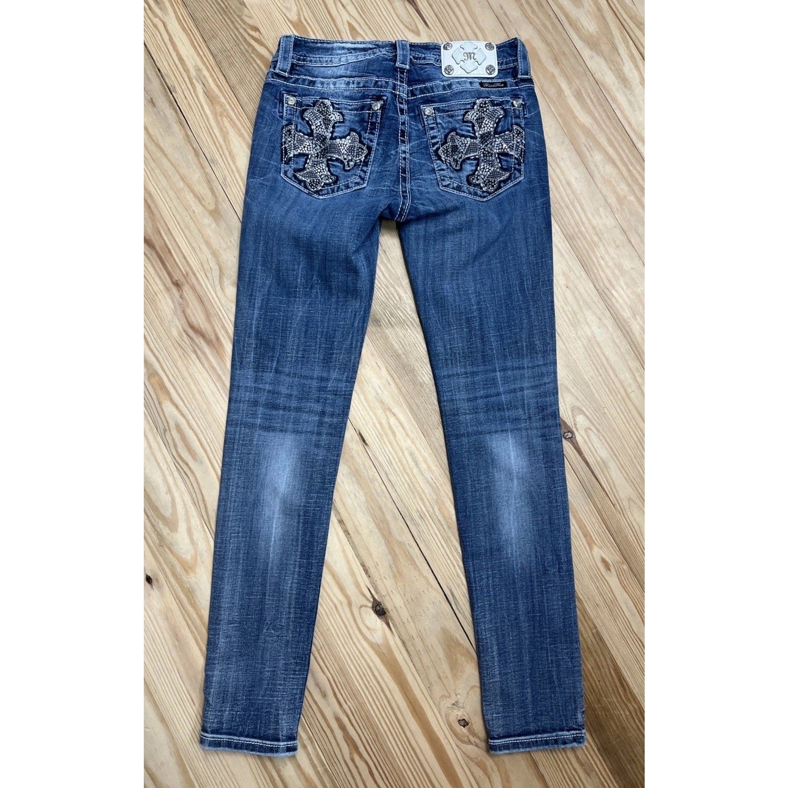 Miss Me Jeans Mid Rise Cuffed Skinny Size 28 Denim Blue Logo Whiskering Casual