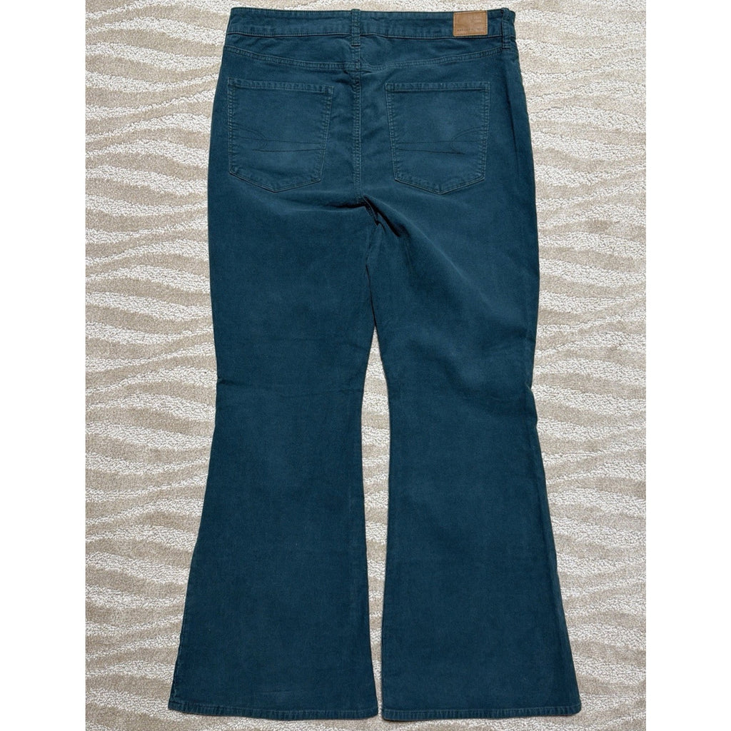 American Eagle Super Hi-Rise Flare Corduroy Pants Green Button Fly Women’s Sz 16