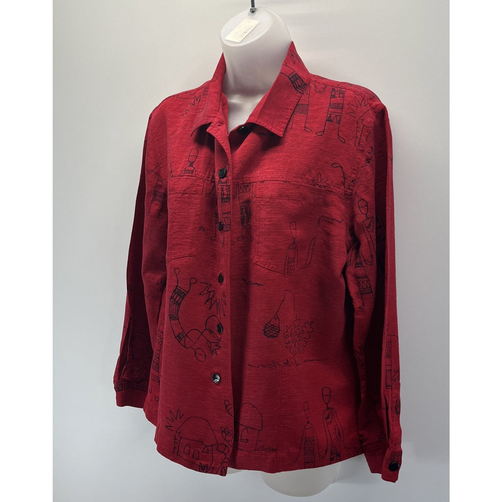 Chico's Design VTG Sz 2 L Red Wearable Art Silk Linen Button-Up Top - Beautiful!