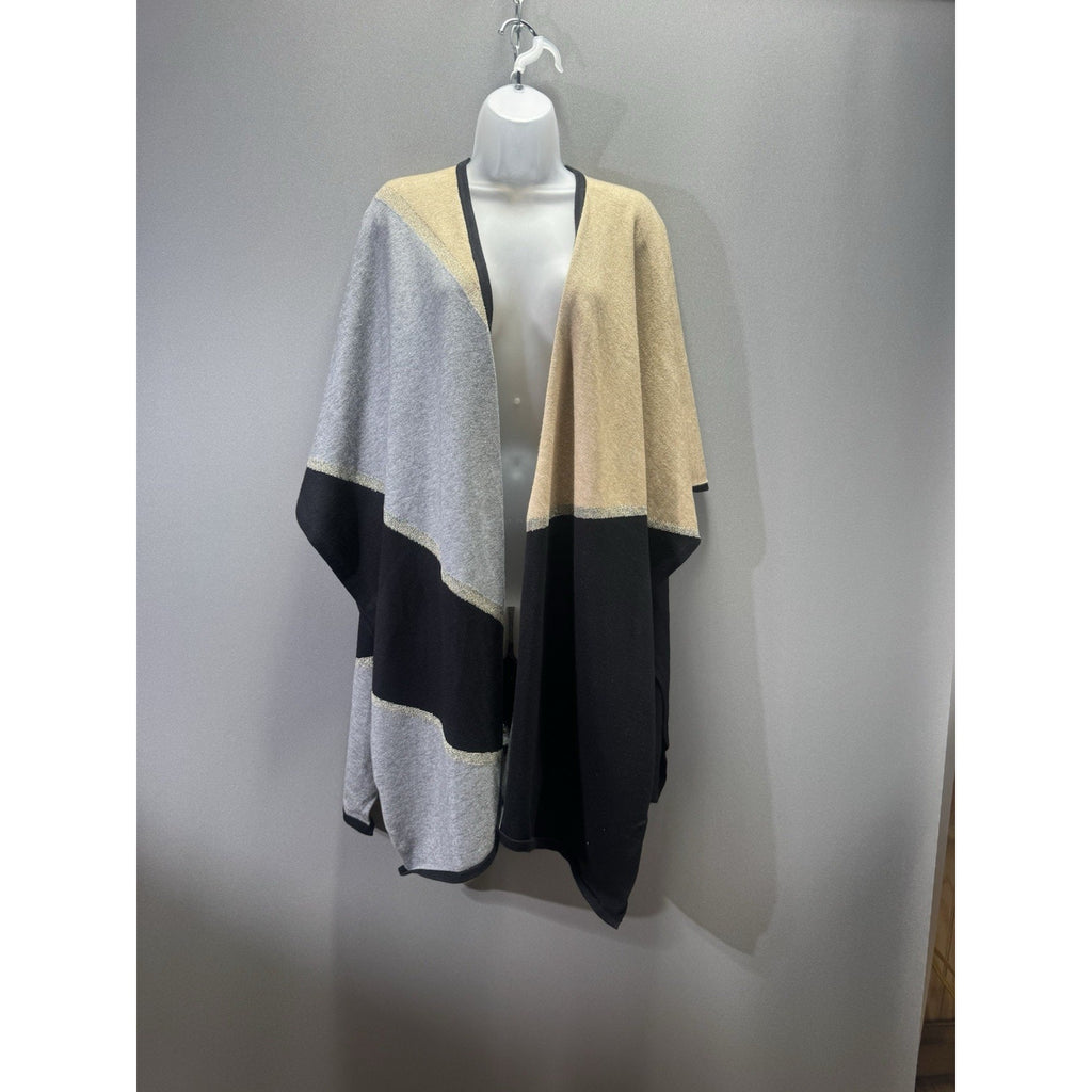 Chico’s Colorblock Lurex Ruana L/XL NWT Gold Gray Black Metallic Poncho Wrap