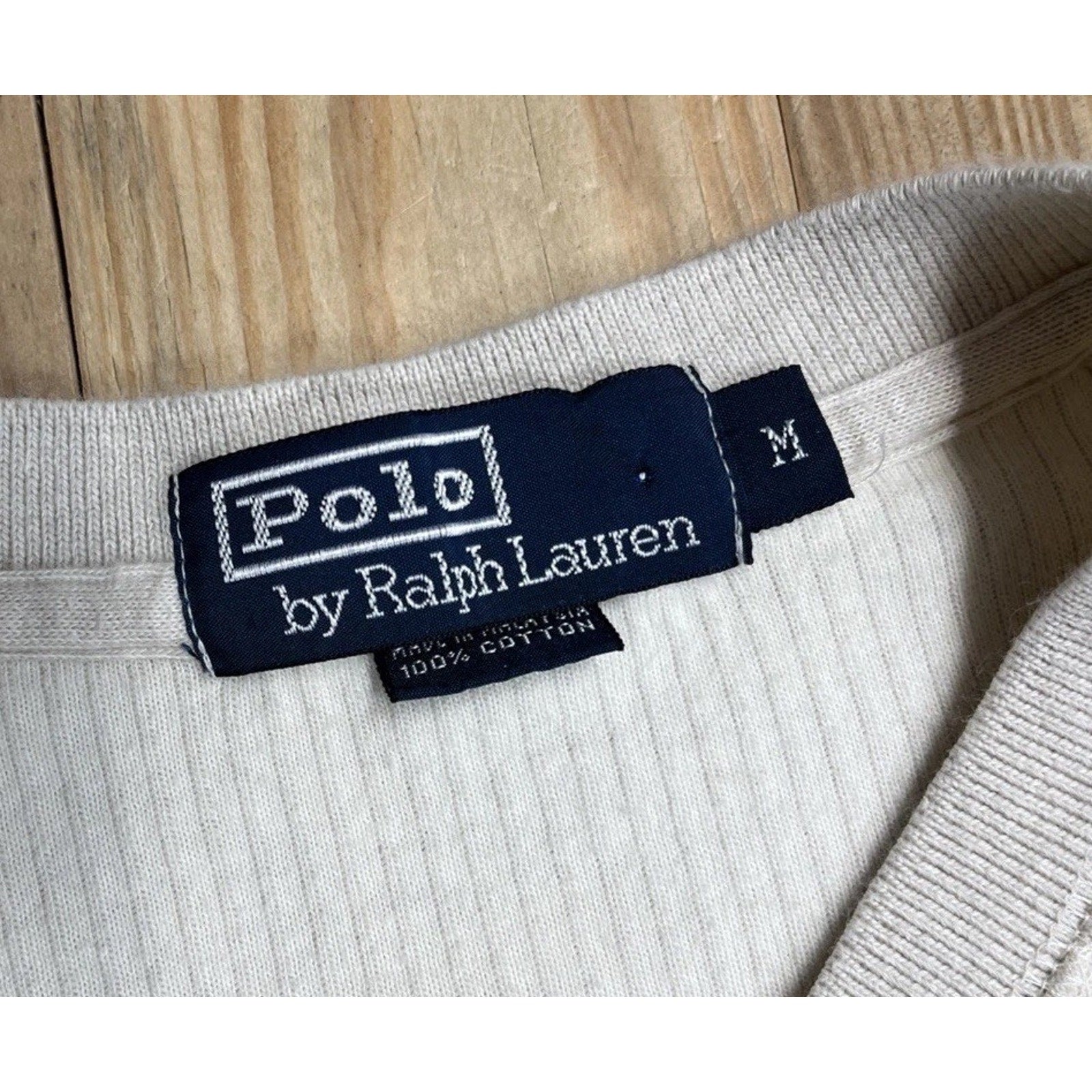 Polo Ralph Lauren Ribbed Knit Sweater Mens Medium Beige V-Neck Cotton