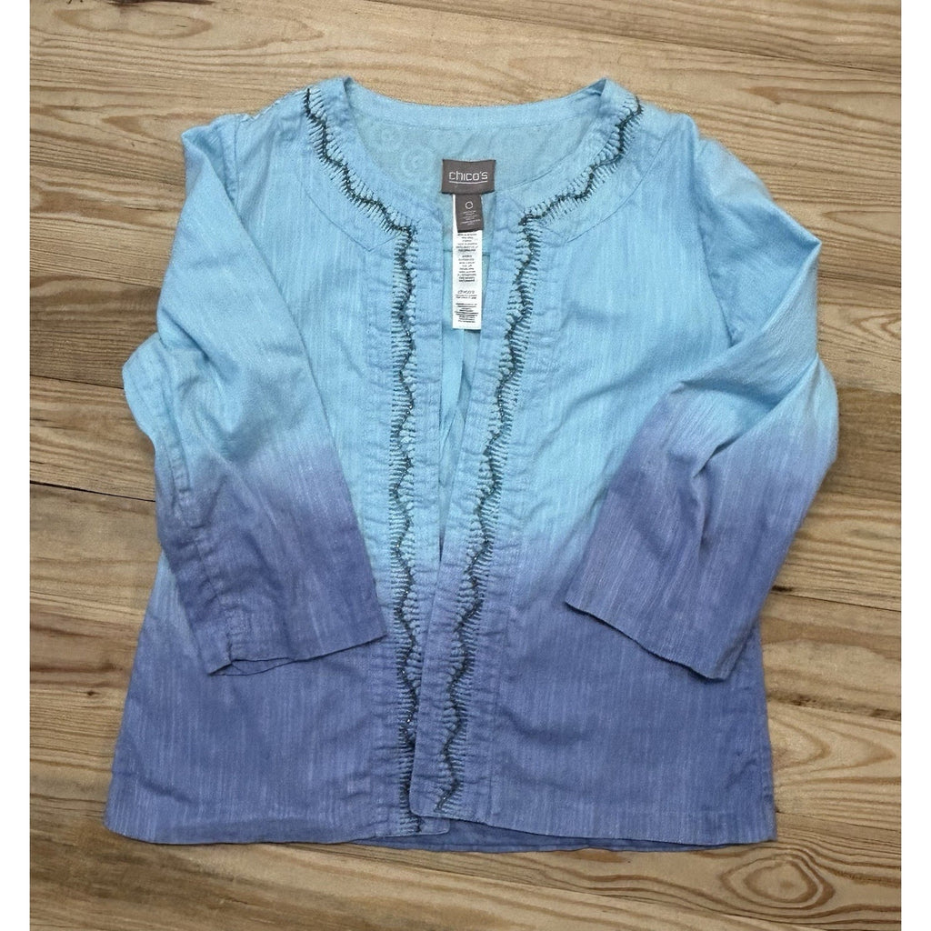 Chicos Womens Shrug Blue Purple Ombre Embellished Crochet Open Front Top 0 S