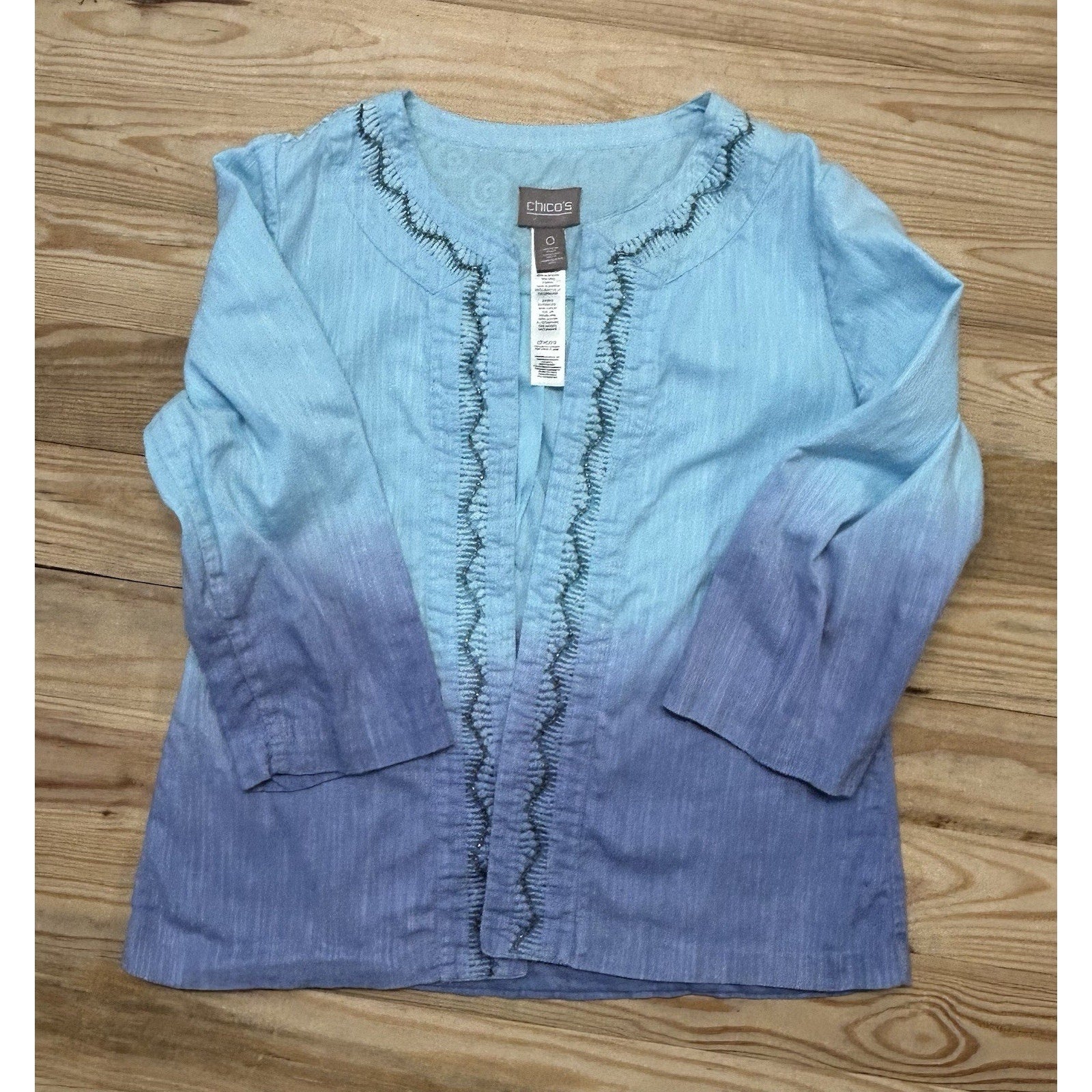 Chicos Womens Shrug Blue Purple Ombre Embellished Crochet Open Front Top 0 S