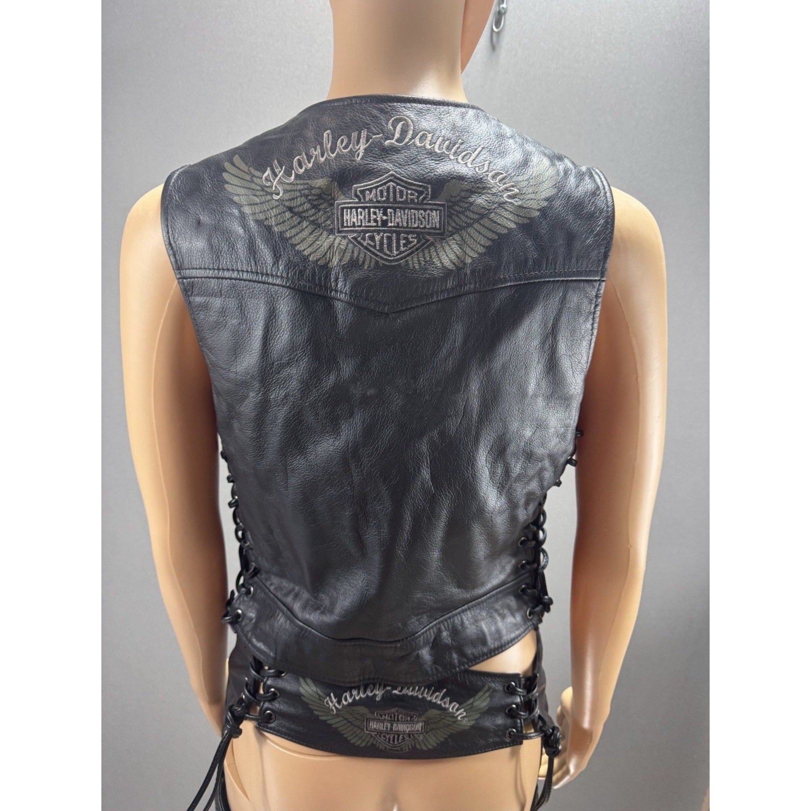 Harley-Davidson Leather Vest & Chaps Matching Set Green Wing Logo Black