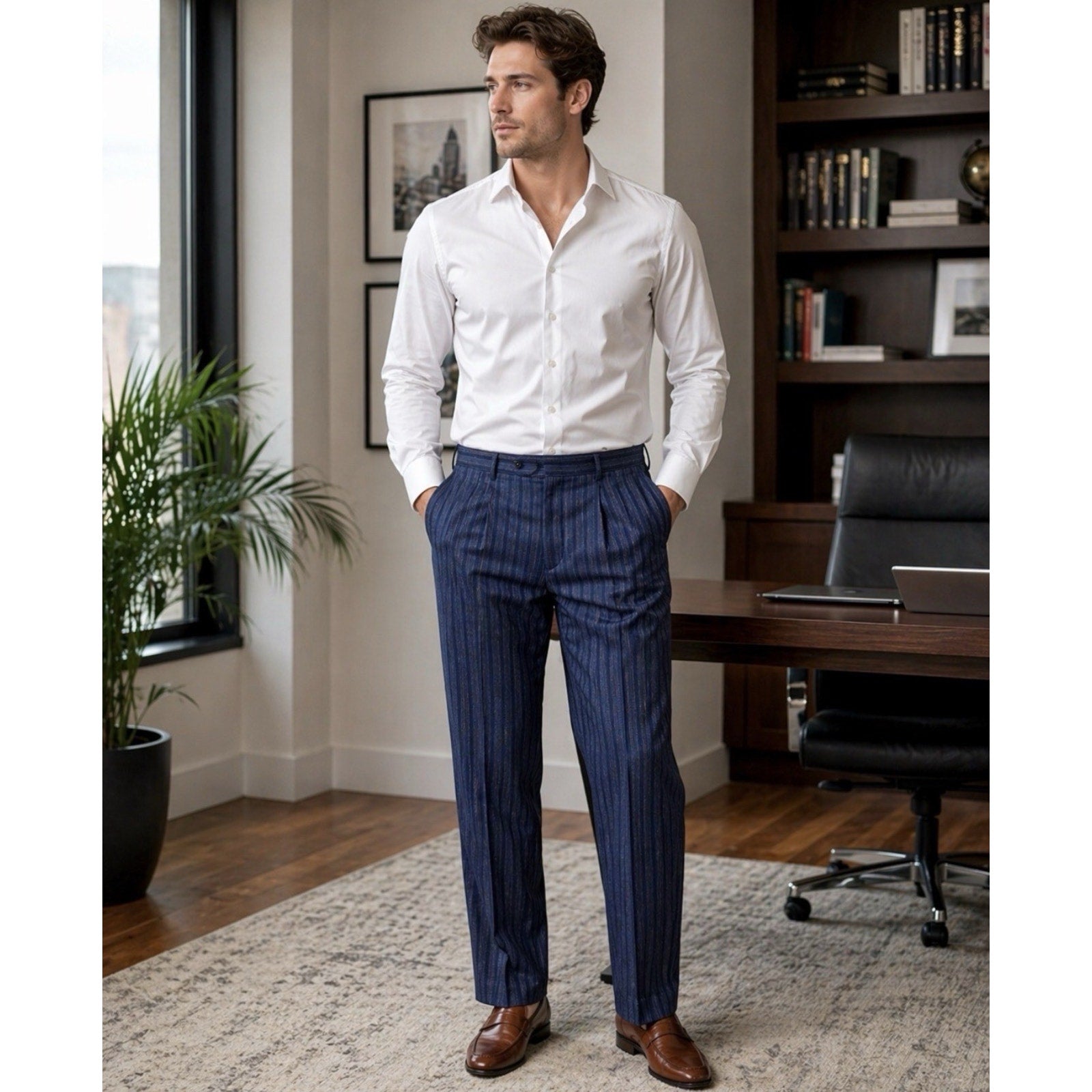 Vintage John Henry Farah Mens Dress Pants 36x34 Blue Pinstripe Slacks NWT Retro