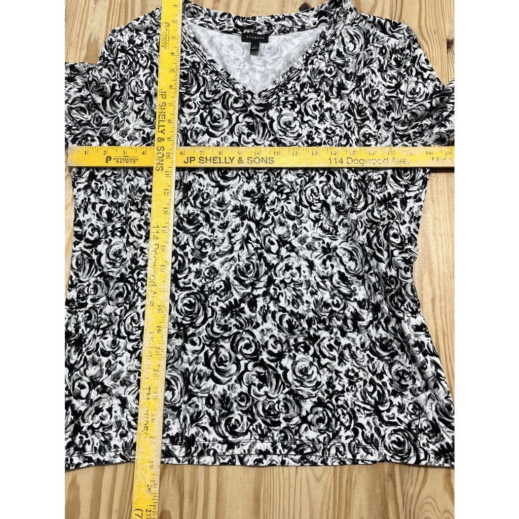 Talbots Women’s Size Large Black/White Floral Long Sleeve V-neck