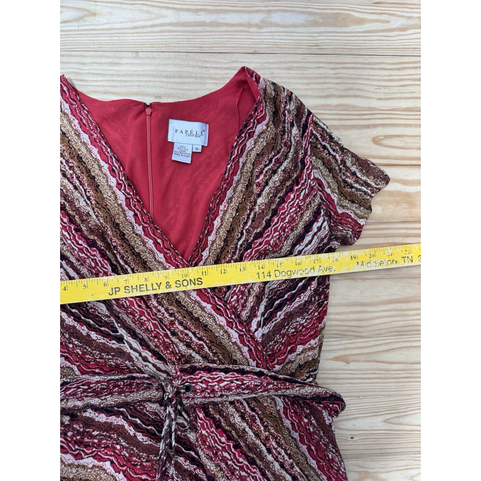 Adrianna Papell Silk Belted Red Brown Striped Print Dress Women’s Size 16