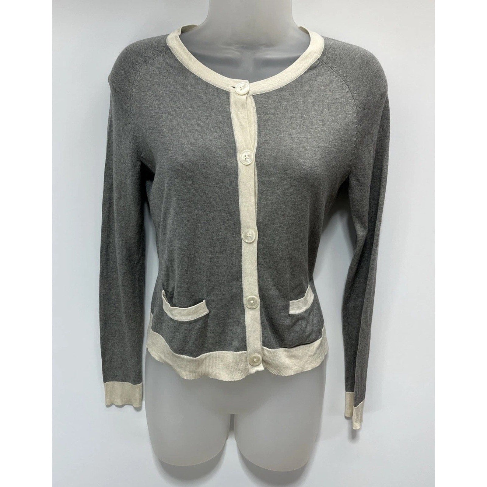 Talbots Silk Blend Woman Gray Ivory Button-Up Cardigan Sweater Sz Petite