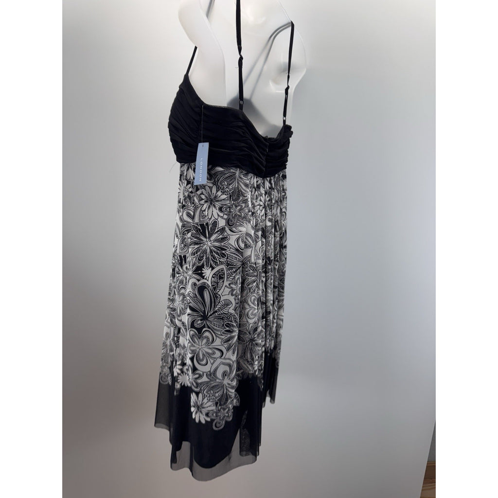 London Times Gray Black Floral Ruffle Bottom Sleeveless Women’s Dress Size 10