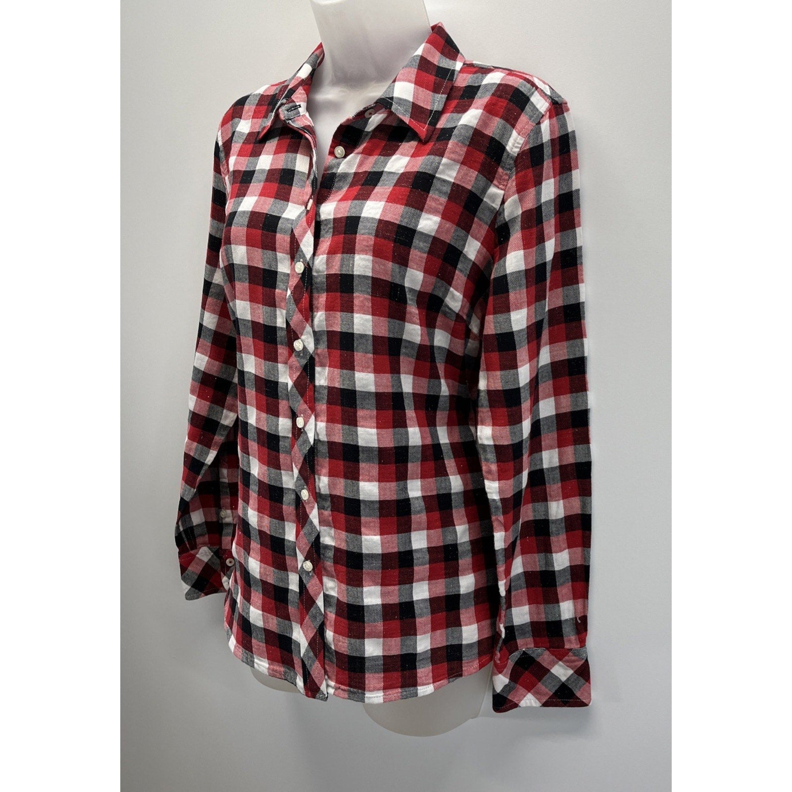 Talbots Shirt Womens Sz S Long Sleeve Button Down Red White Silver Metallic