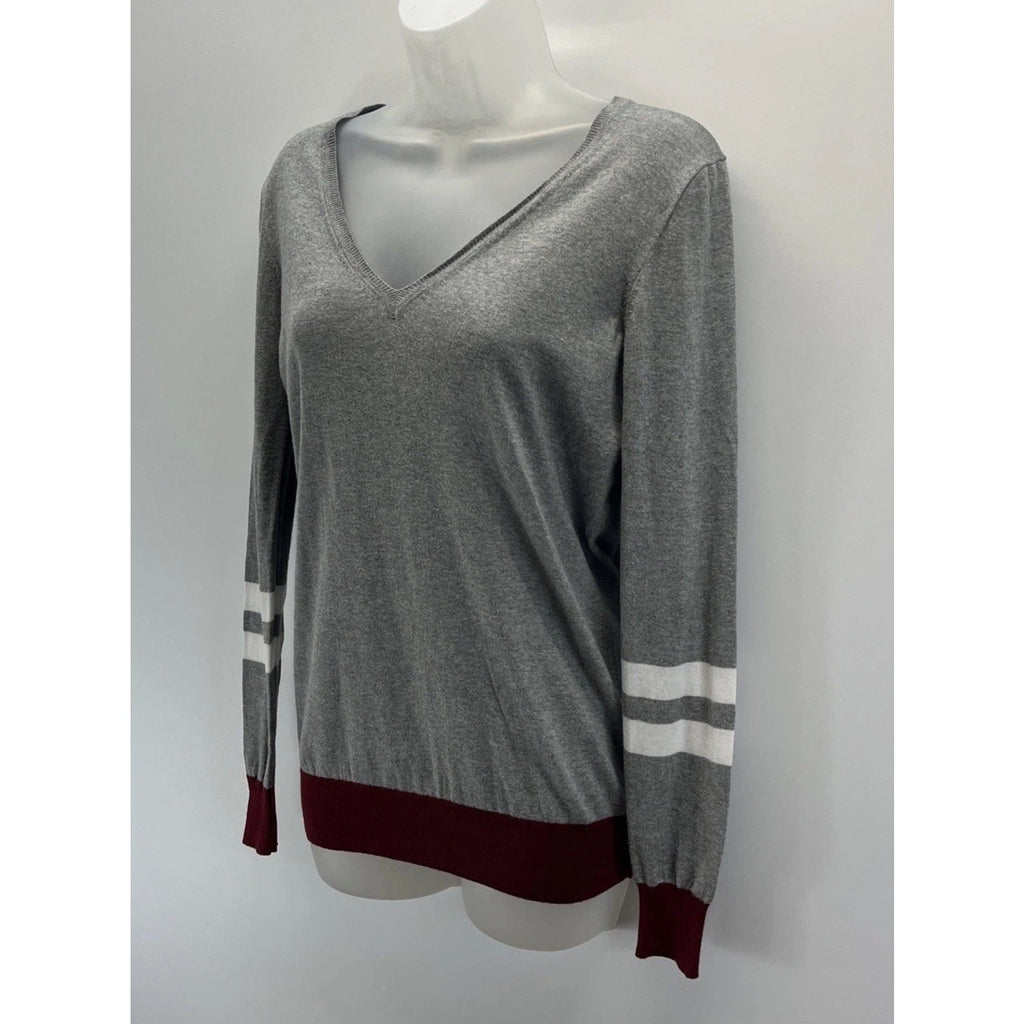 J Crew Varsity Stripe Womens Sweater Size S Gray White Burgundy V-Neck LS Top