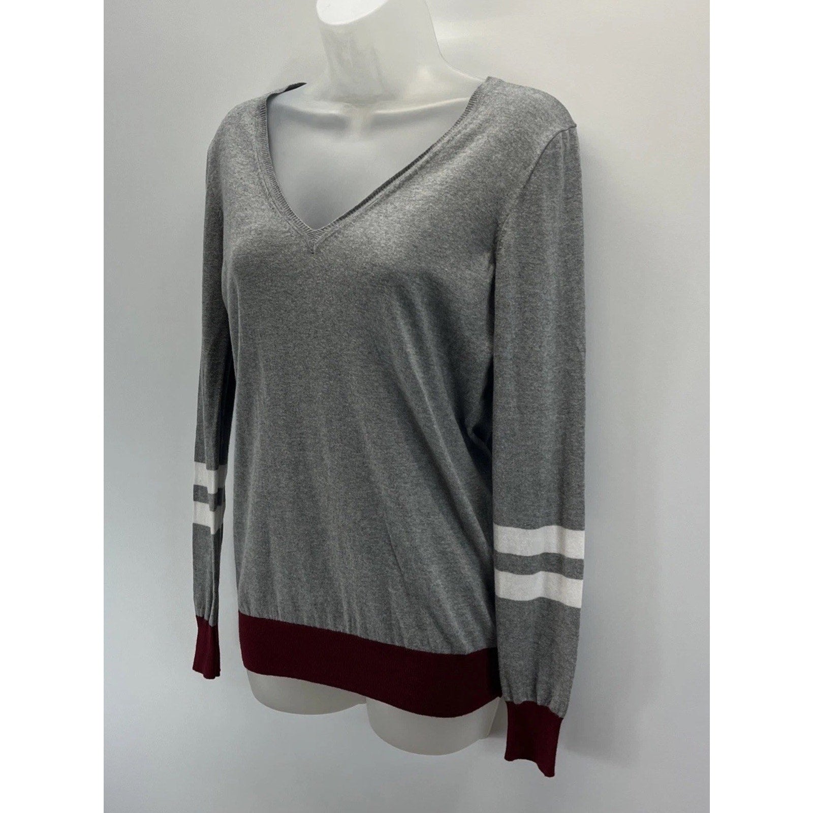 J Crew Varsity Stripe Womens Sweater Size S Gray White Burgundy V-Neck LS Top
