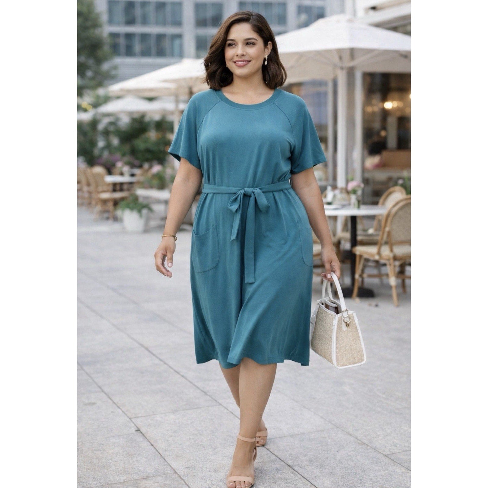 Lane Bryant Dress 14/16 Teal Belted Midi Short Sleeve Casual Career Flowy NWT