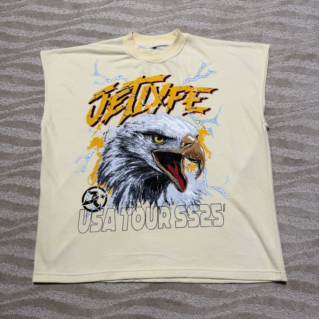 JetLyfe USA Tour SS25 Eagle Graphic Sleeveless Sweatshirt 2XL Cream Streetwear