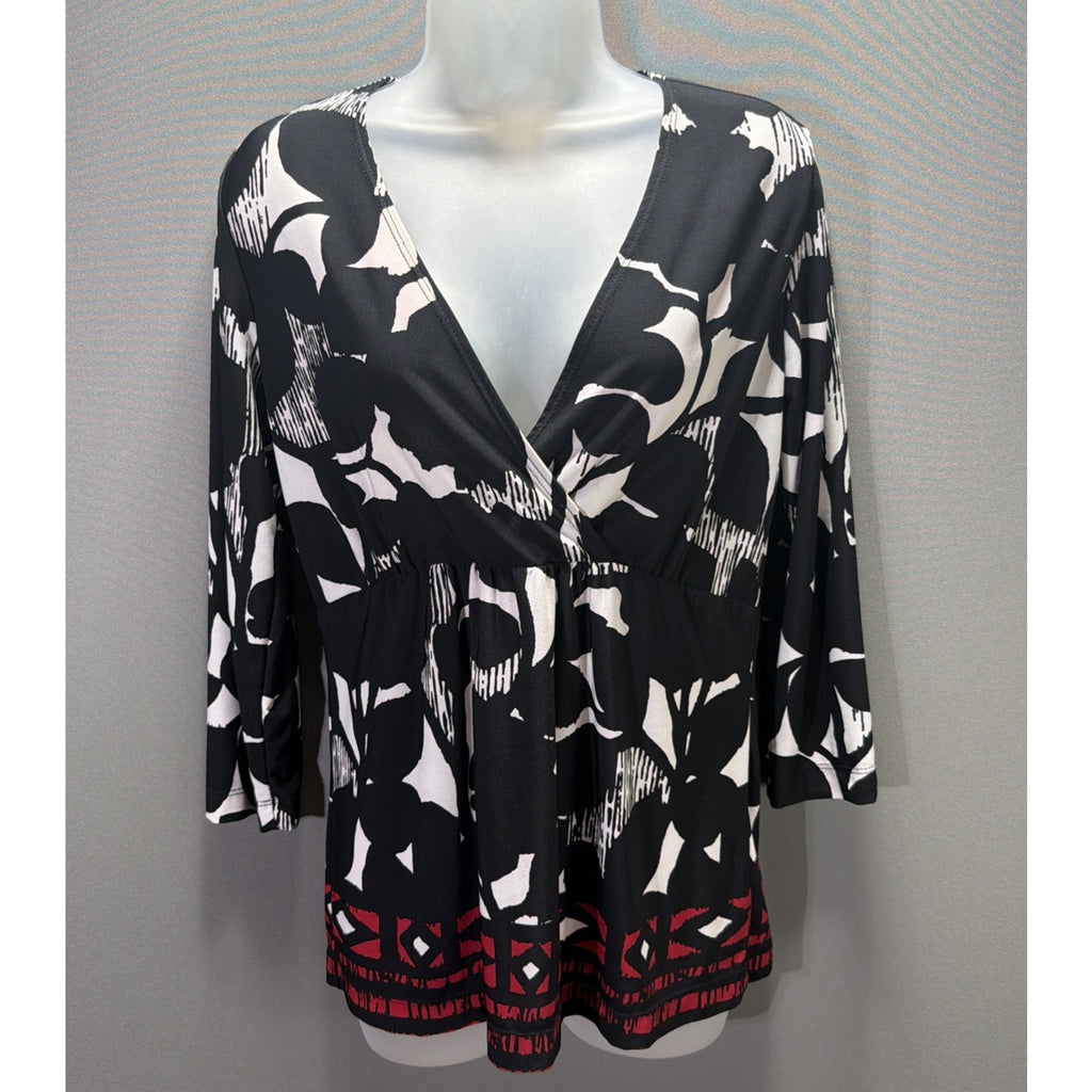 Vtg Chicos Jersey Woman Sz 0 Black White Red Shirt Faux Wrap Top Stretch USA