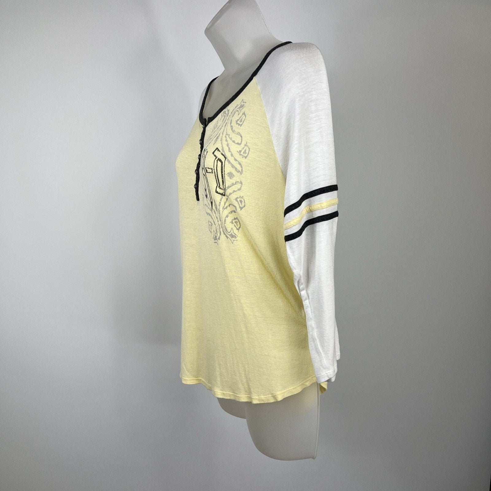 Harley Davidson Yellow & White Rhinestoned 3/4 Sleeve Top Size M