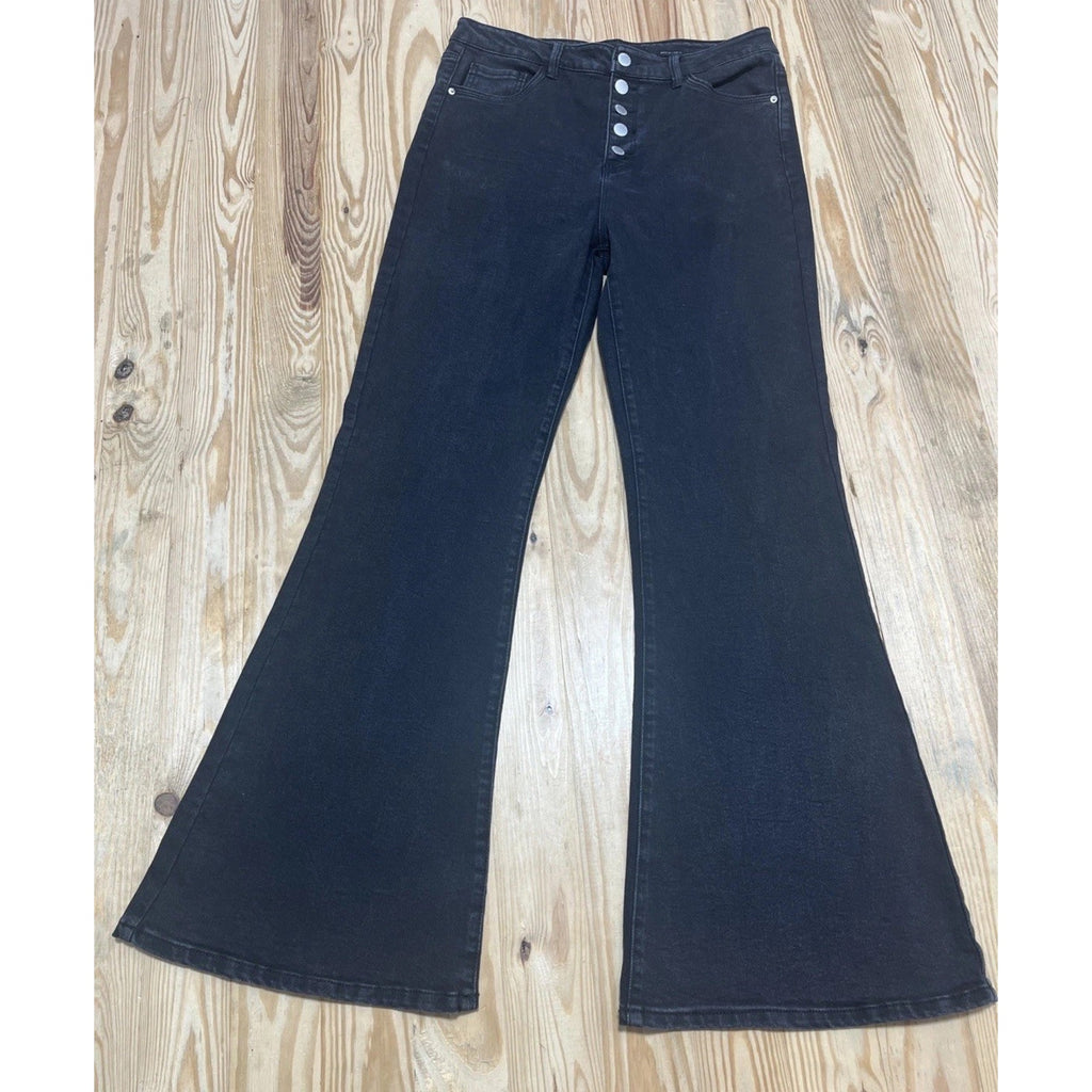 Risen Jeans Women Flared Black Denim Button Fly High Rise Los Angeles 13/31x32