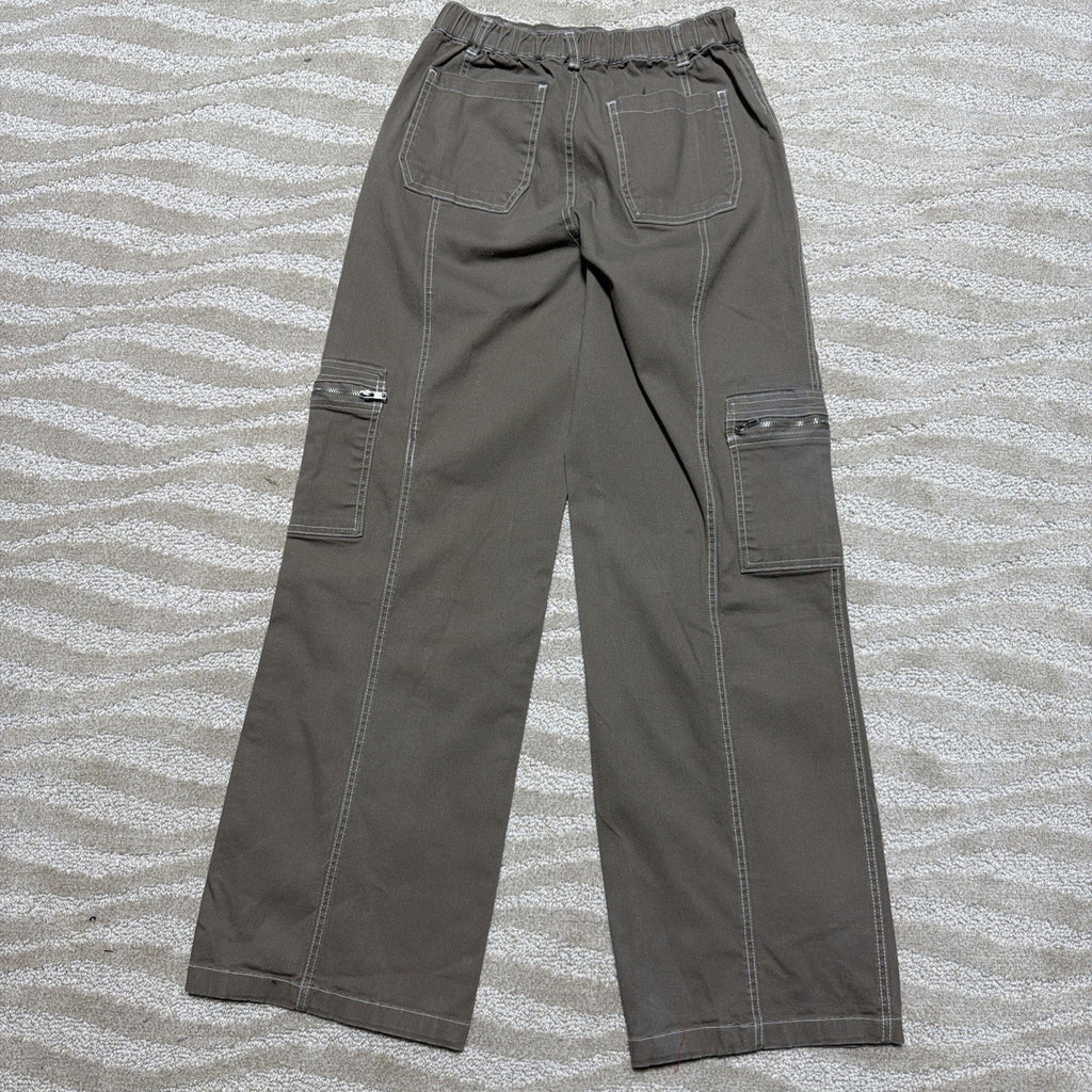 Rachel Paige Cargo Tan Sz M High Rise Elastic Waistband Wide Leg Casual Pants