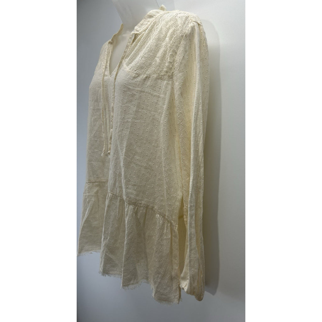 True Craft Women Atlas Ivory Pleated V Neck Crochet Gauze Top Size Large.