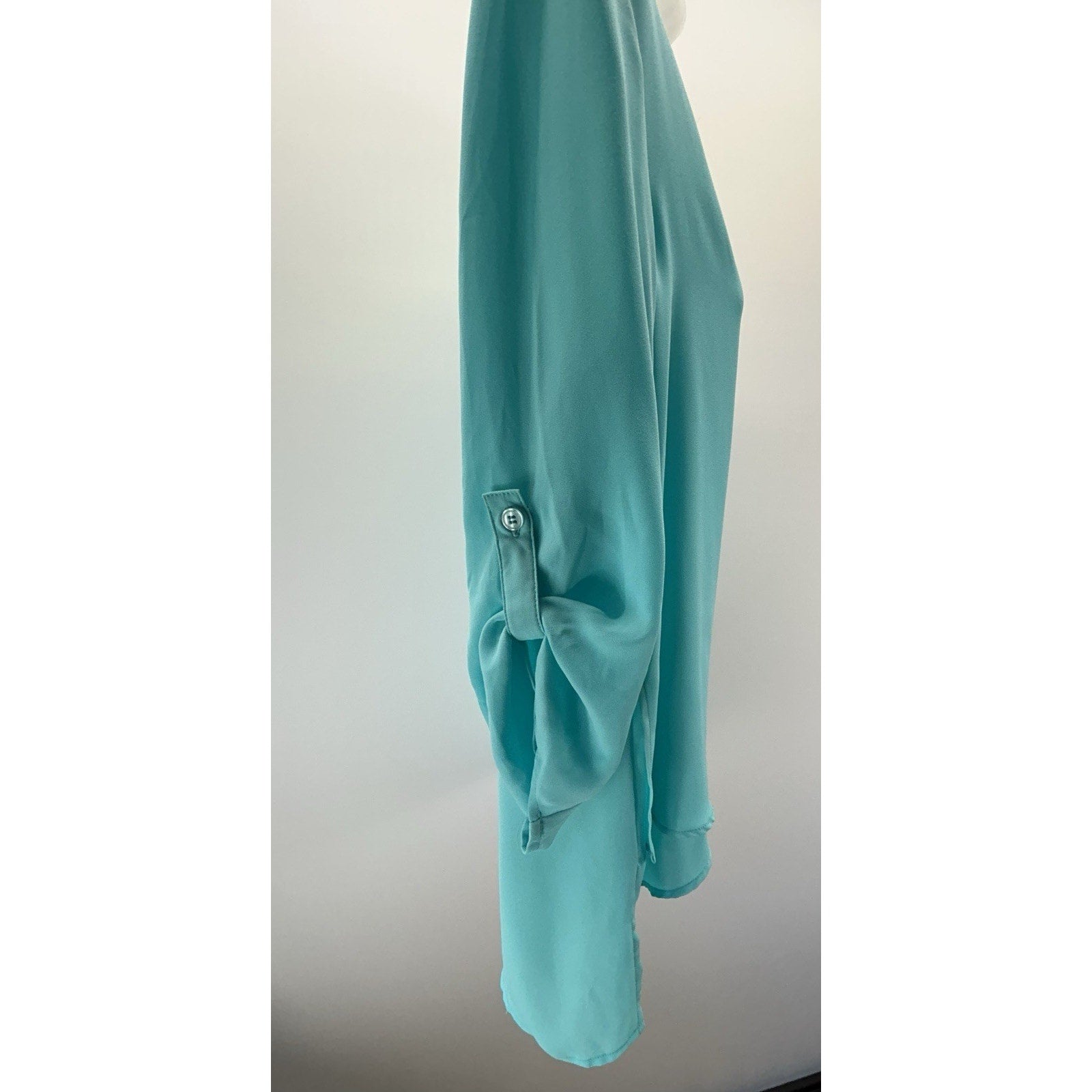 CHICO'S Size 0 Small Womens Teal Split Neck Long Sleeve Sheer Blouse .