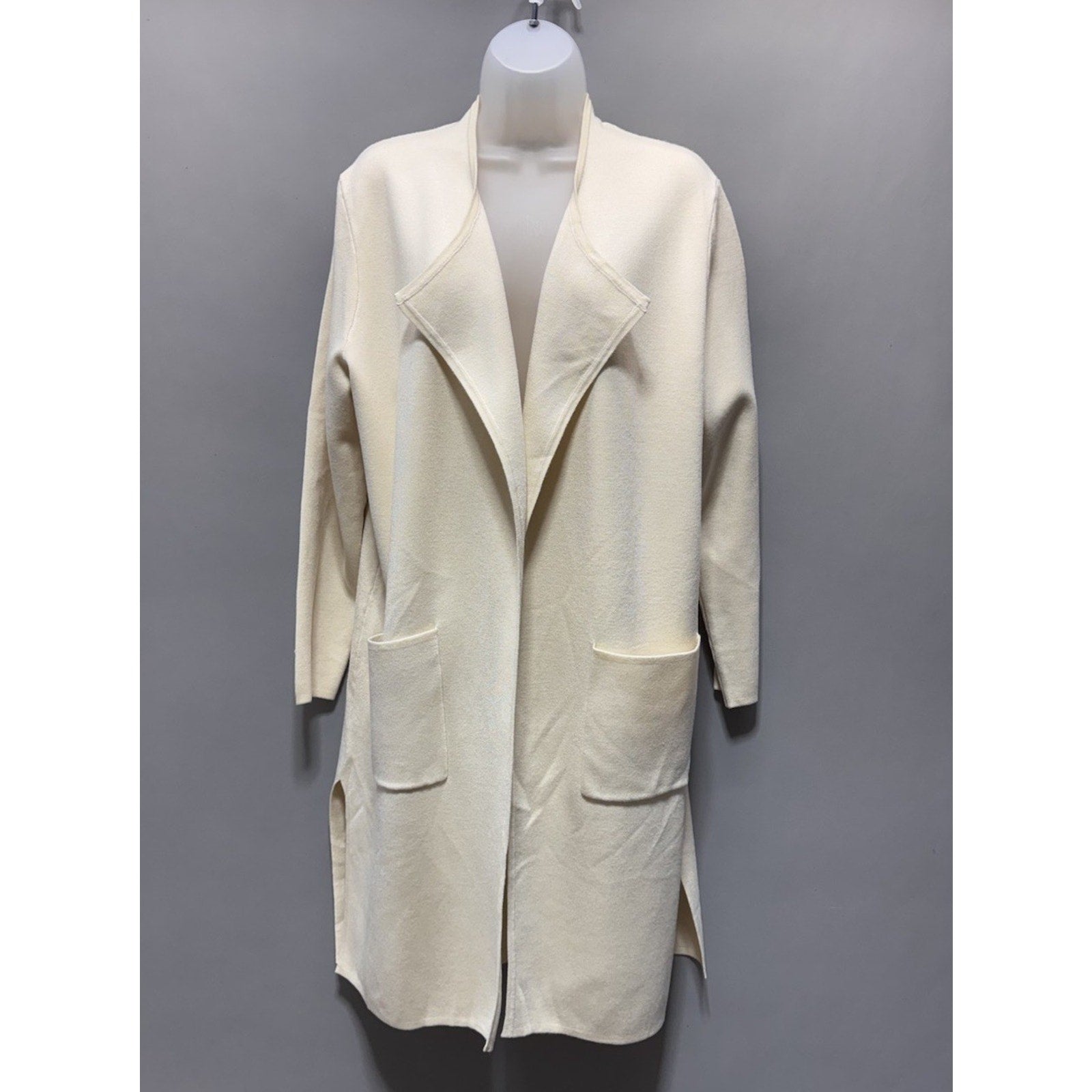 Lillusory Long Cardigan Womens M Cream Open Front Knit Coatigan Sweater Pockets