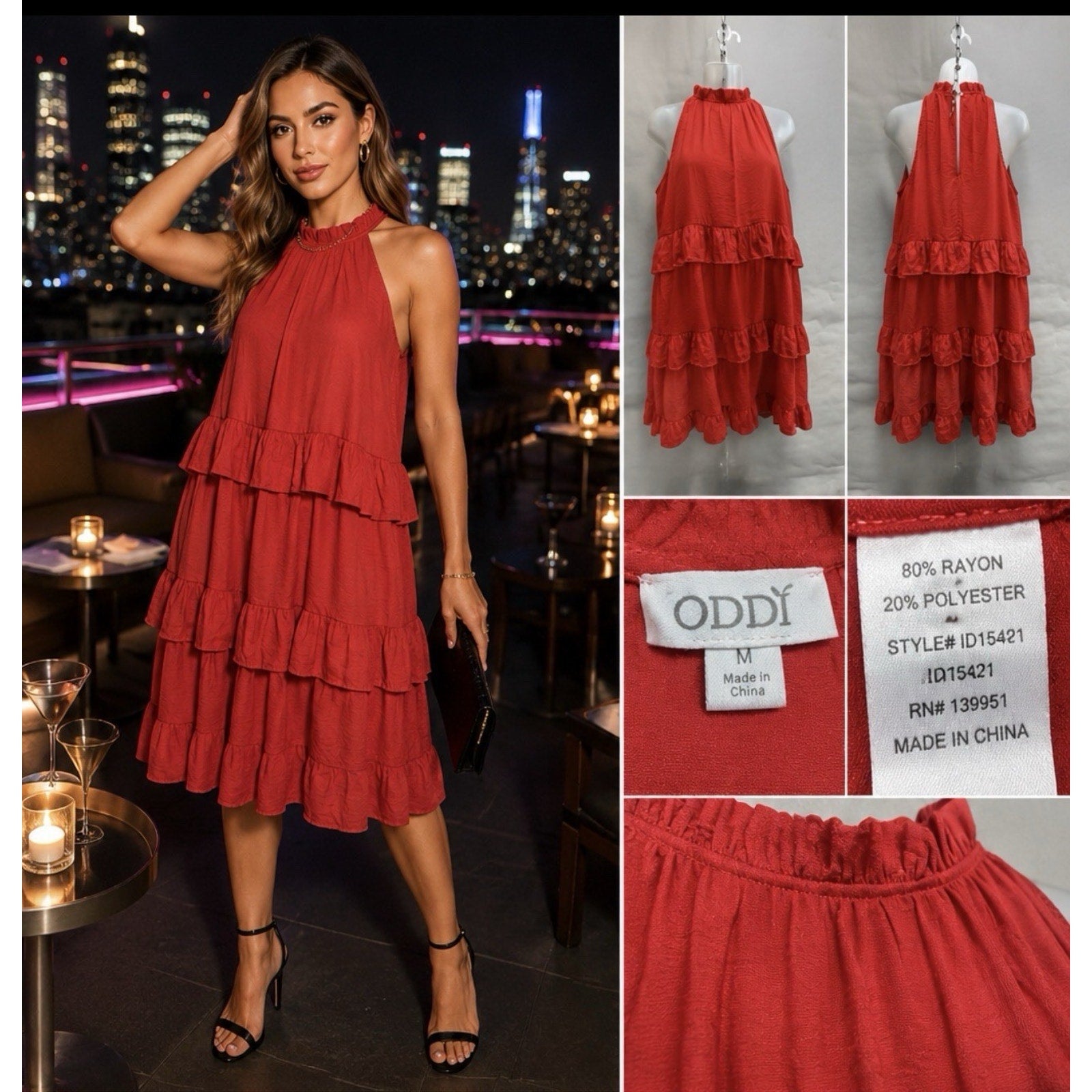 ODDI Womens Medium Red Tiered Ruffle Halter Dress Sleeveless Boho Mini