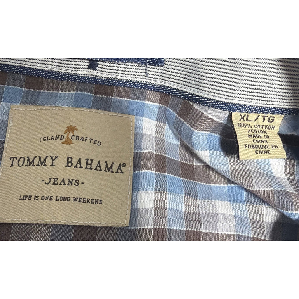 Tommy Bahama Shirt Mens XL Blue Brown Plaid Island Fit Button Up Logo
