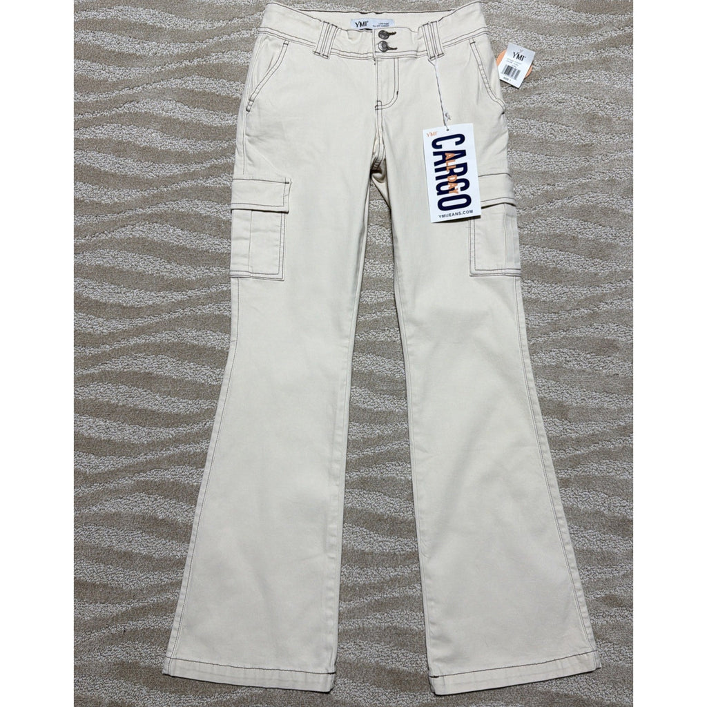 YMI Low Rise All Day Cargo Pants Biege Brown Contrast Stitch Flare Leg 1/25 NWT