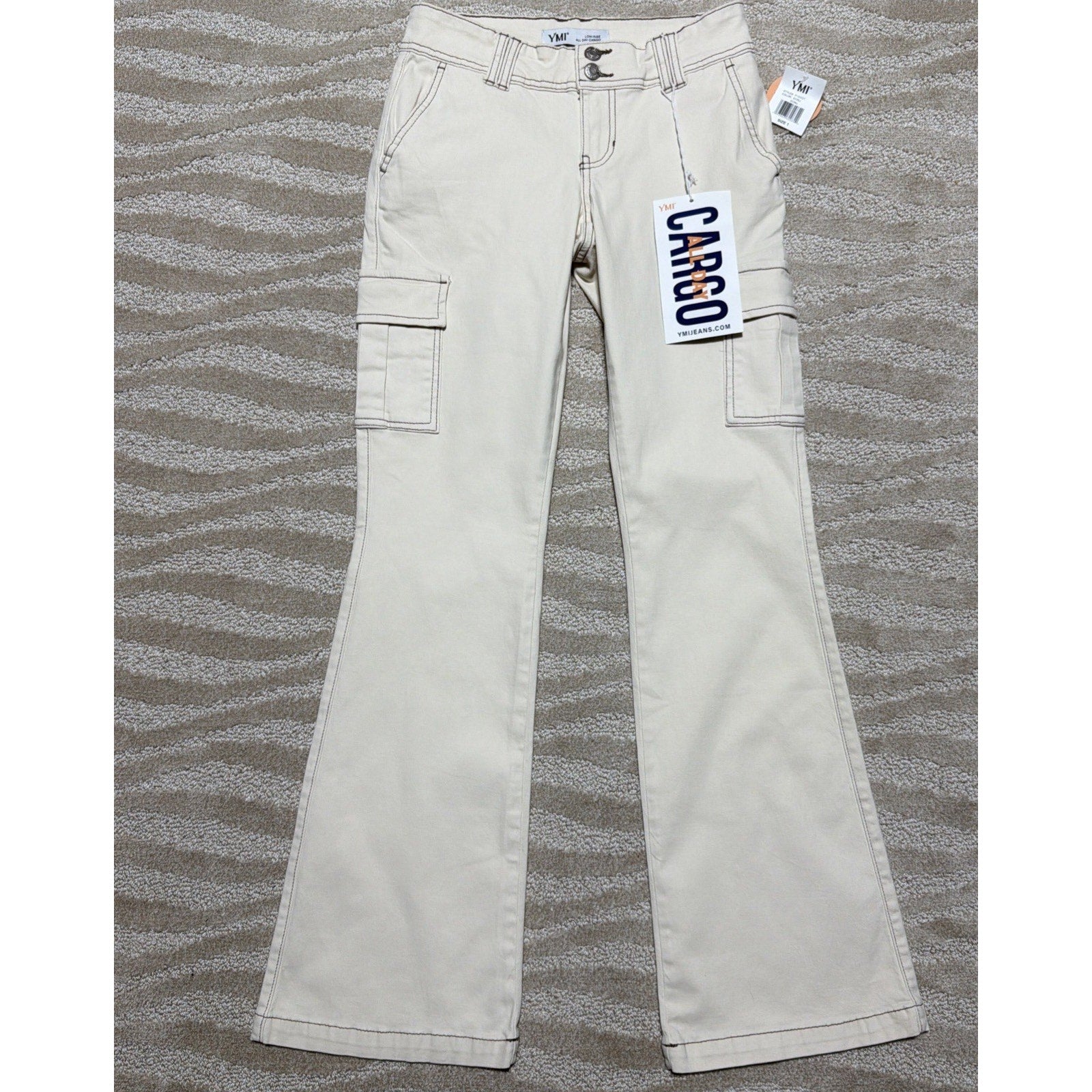 YMI Low Rise All Day Cargo Pants Biege Brown Contrast Stitch Flare Leg 1/25 NWT