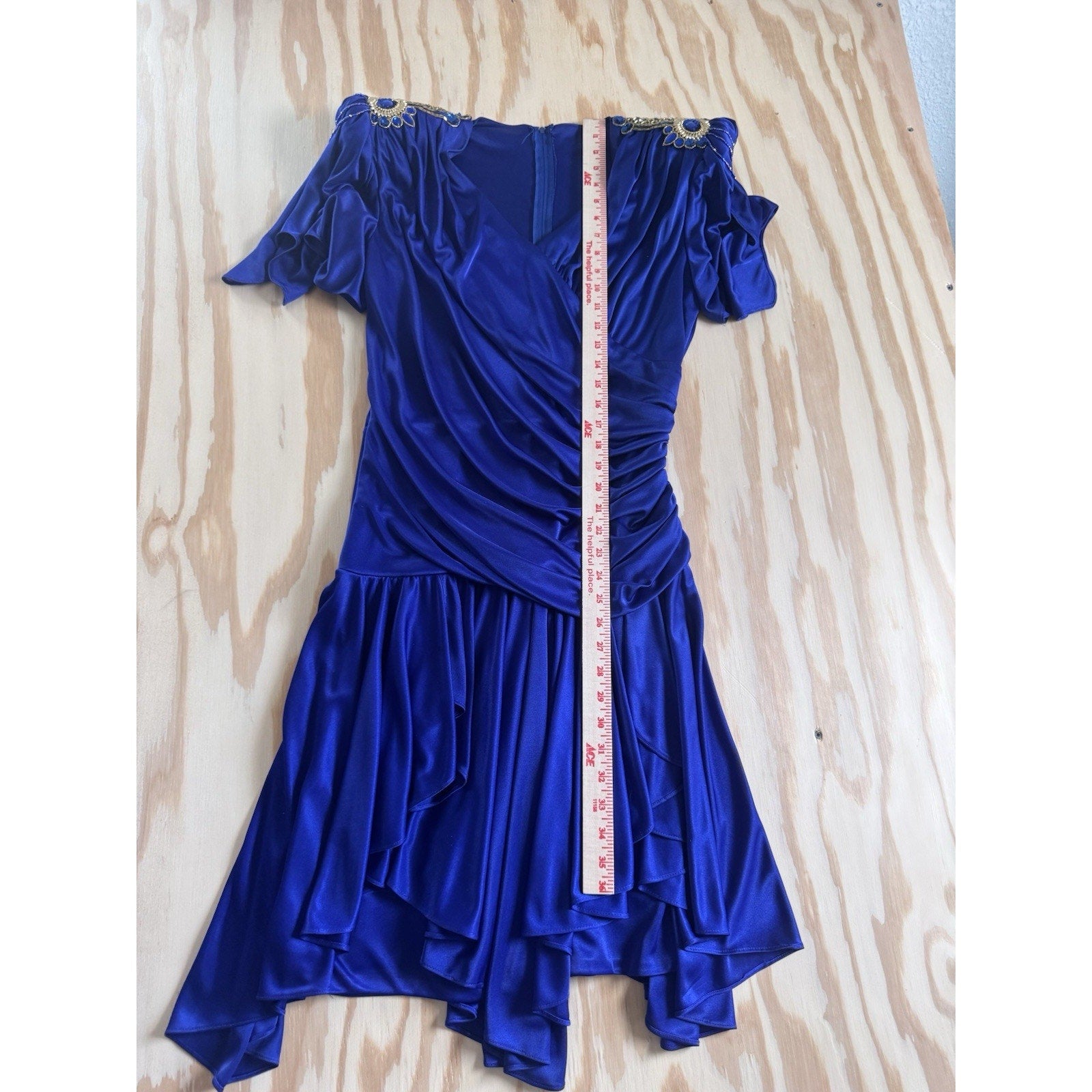 Royal Blue Embellished Padded Shoulder Dress Draped Ruffle Hem Cocktail Party M