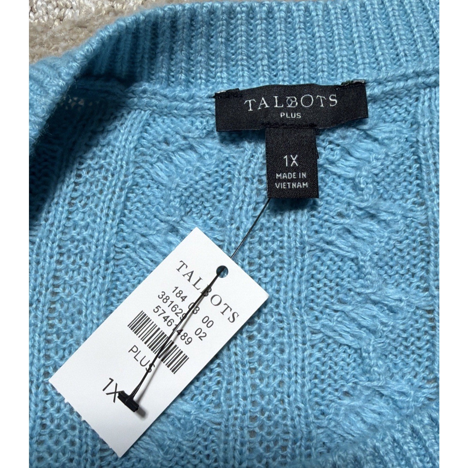 Talbots Plus 1X Cable Knit Sweater Shoulder Button Detail Aqua Blue New W Tag