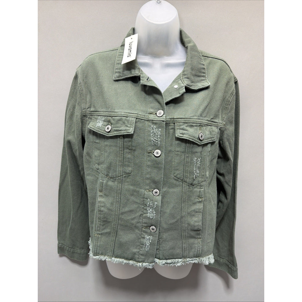 Womens Luvamia Denim Jacket Distressed Jean Frayed Oversized Green Jacket M New