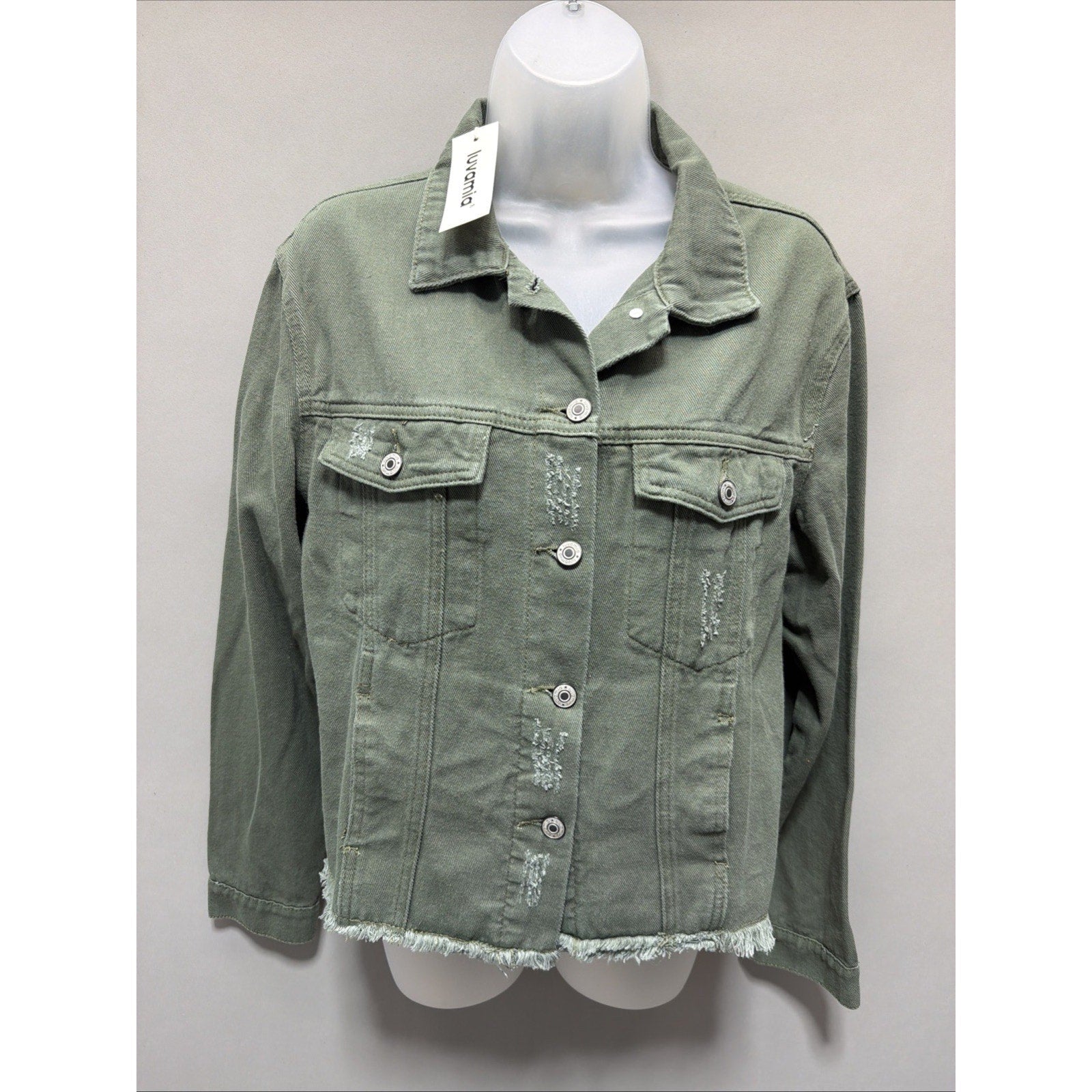 Womens Luvamia Denim Jacket Distressed Jean Frayed Oversized Green Jacket M New